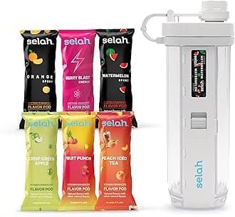 Selah Flavored Water Bottle - Water Enhancer, Sugar Free, Vitamin Infused Water - 20oz Water Bottle With Flavor Pods Included - Energy Drink, Strawberry, and Sports Drink Pods (White, 6 Flavor Pod)