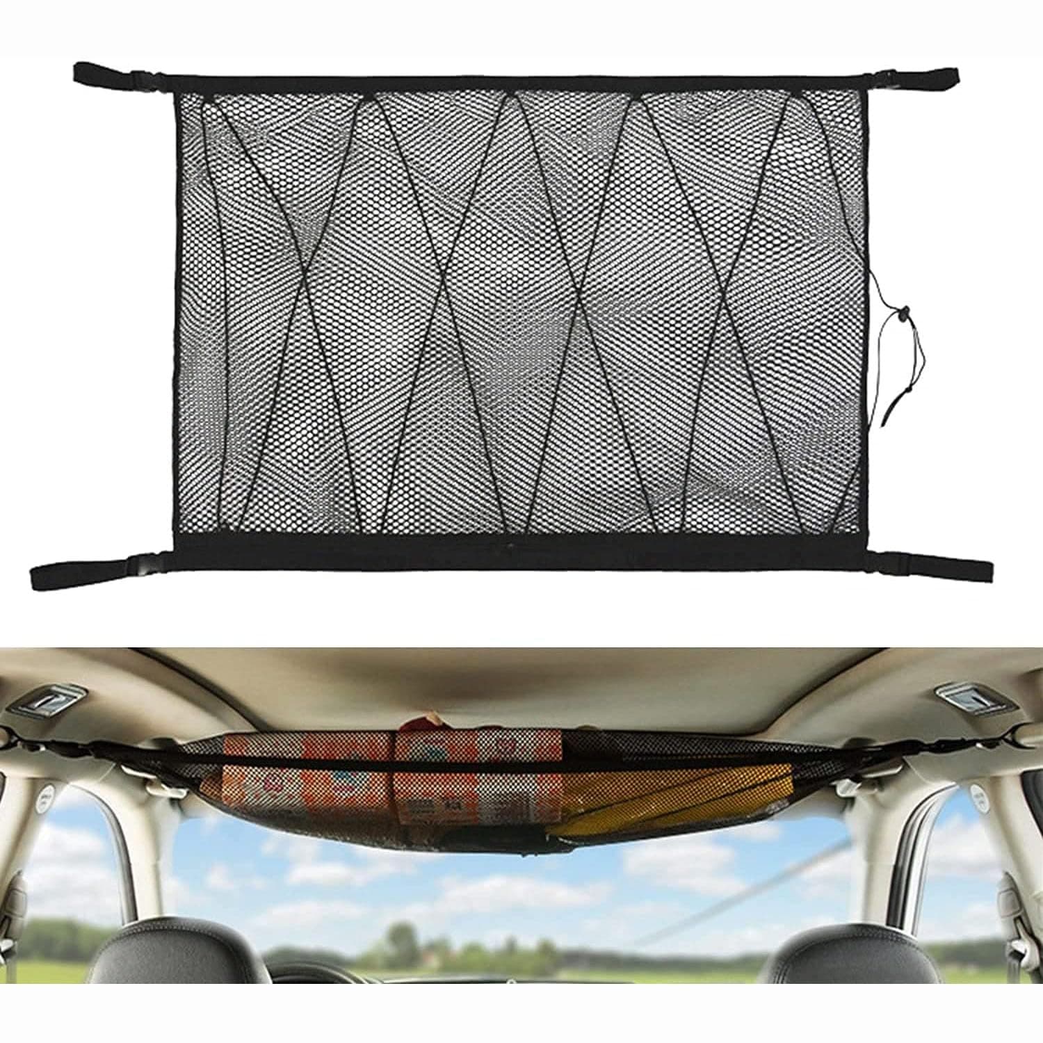 Xspring Cargo Net Pocket, Car Ceiling Cargo Net Pocket, 90x65cm Car Roof Storage Organizer, Long Trip Camping Storage Bag Tent for Putting Quilt Children's Toy Towel Sundries Interior Accessories