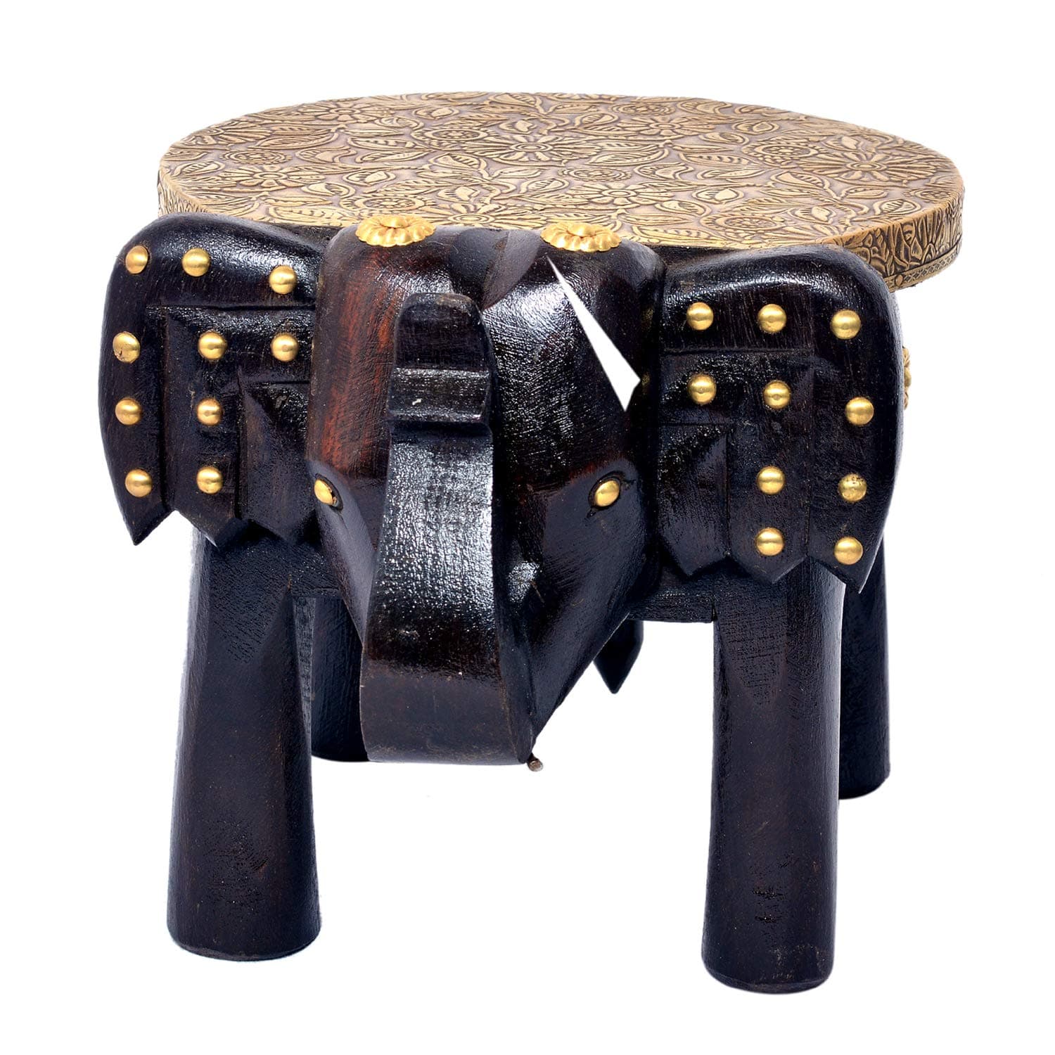 Handcrafted Wooden Painted Elephant Stool Brass Fitted Multi Purpose Use Stool Home Decor Indian Art Showpiece