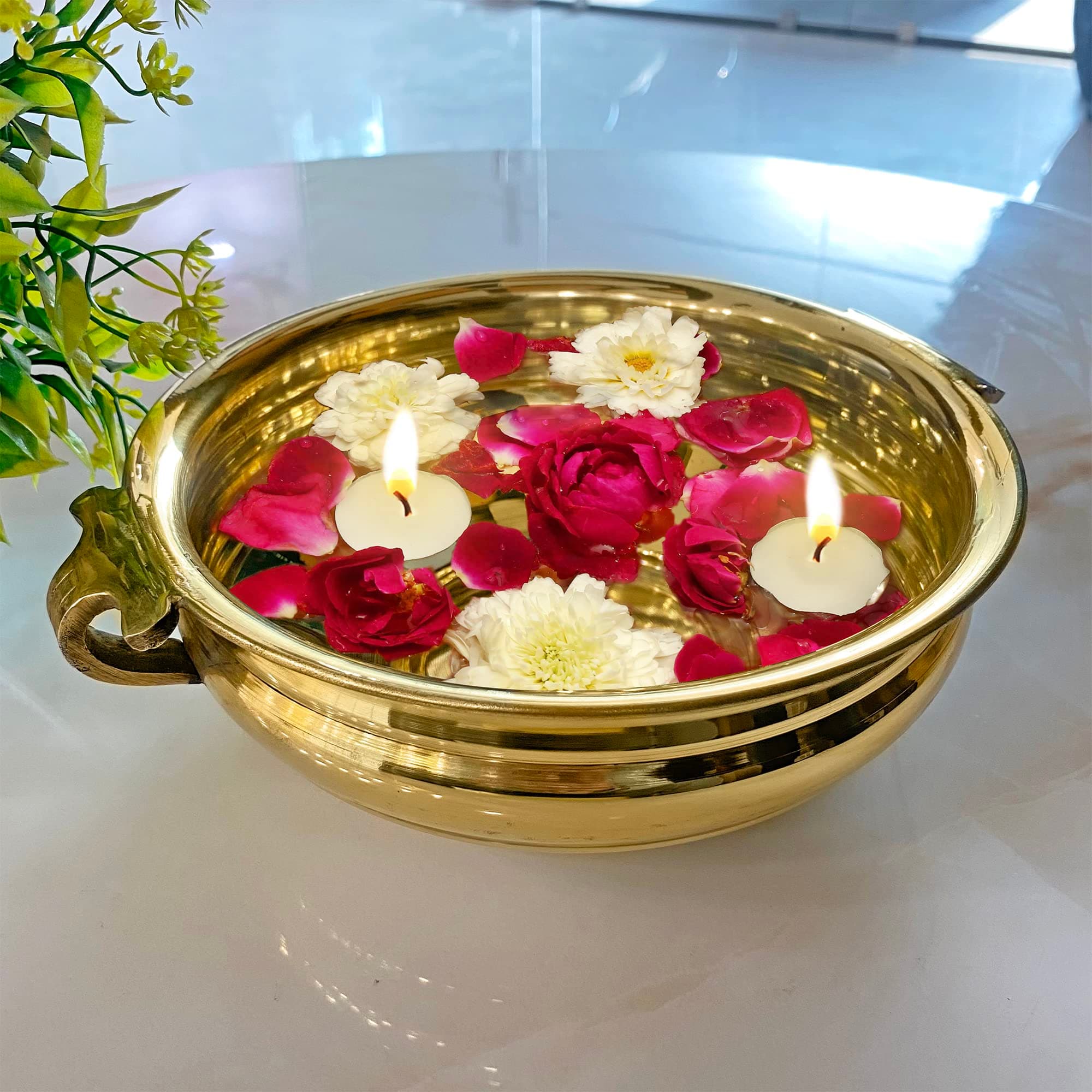 SATVIK 12.25" Inch (10" Inner Dia) Pure Plain Brass Urli Bowl for Floating Candles & Flowers | Decorative Indian Urli for Living Room, Pooja, Diwali, Home & Hotel Decor