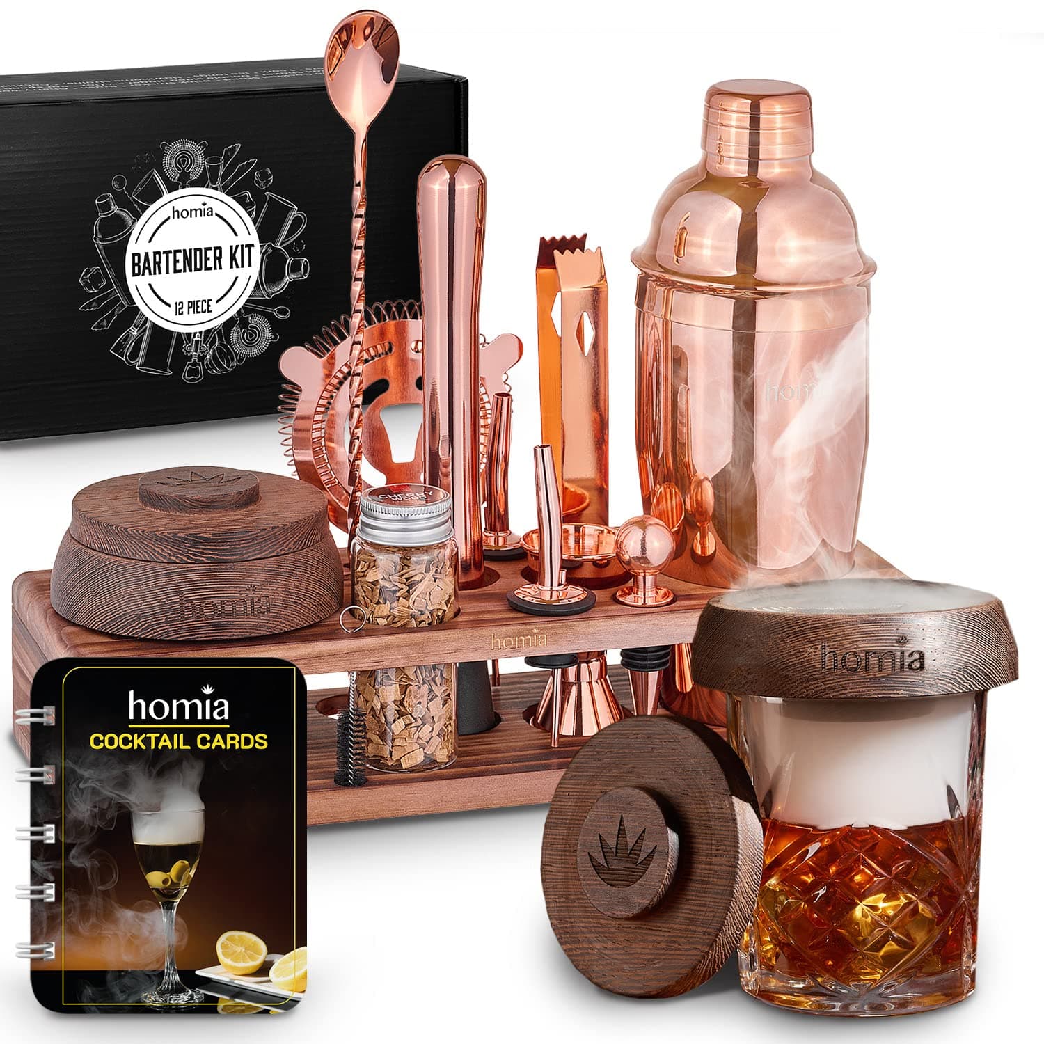 Bartender Kit with Whiskey Smoker - 13 pcs, Pine Stand - Bar Set with Cocktail Shaker, Bartending Kit with Essential Bar Accessory Tools, Wood Chips, Pink Gold