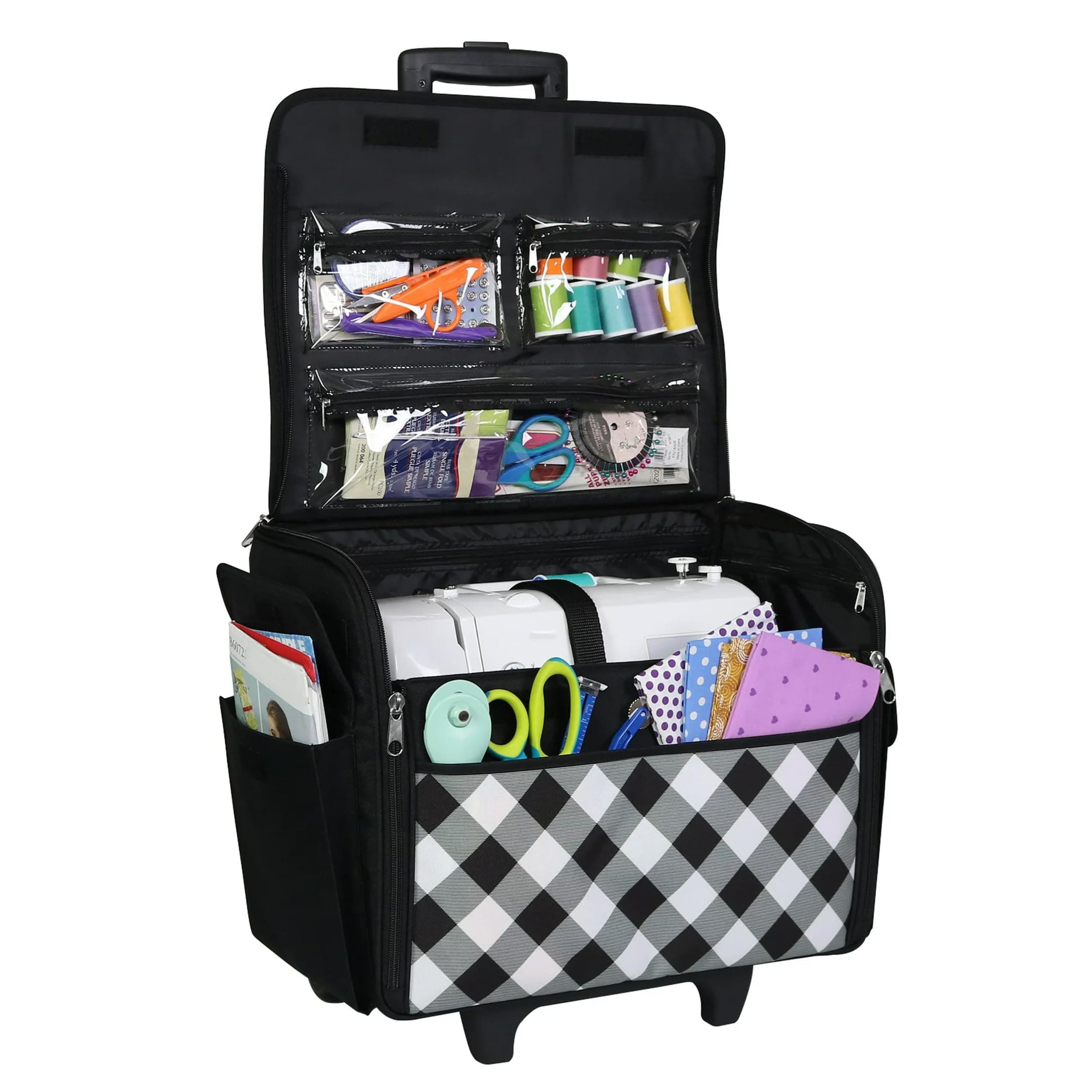 Everything Mary Rolling Sewing Machine Storage and Transport Tote – Durable 75D Polyester, Fits Most Standard Machines, Travel Bag with Wheels & Multiple Pockets – Buffalo Check