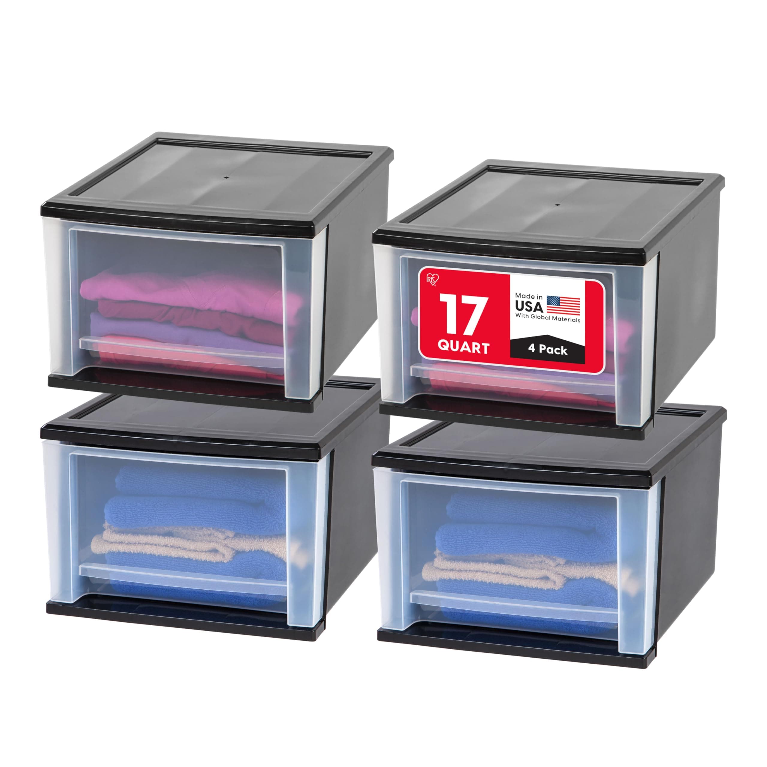 17 Qt. Medium Plastic Stacking Drawer, Stackable Storage Organizer Unit with Sliding Drawer for Bedroom Kitchen Under Sink Pantry Craft Room Dorm Office, Black, 4-Pack