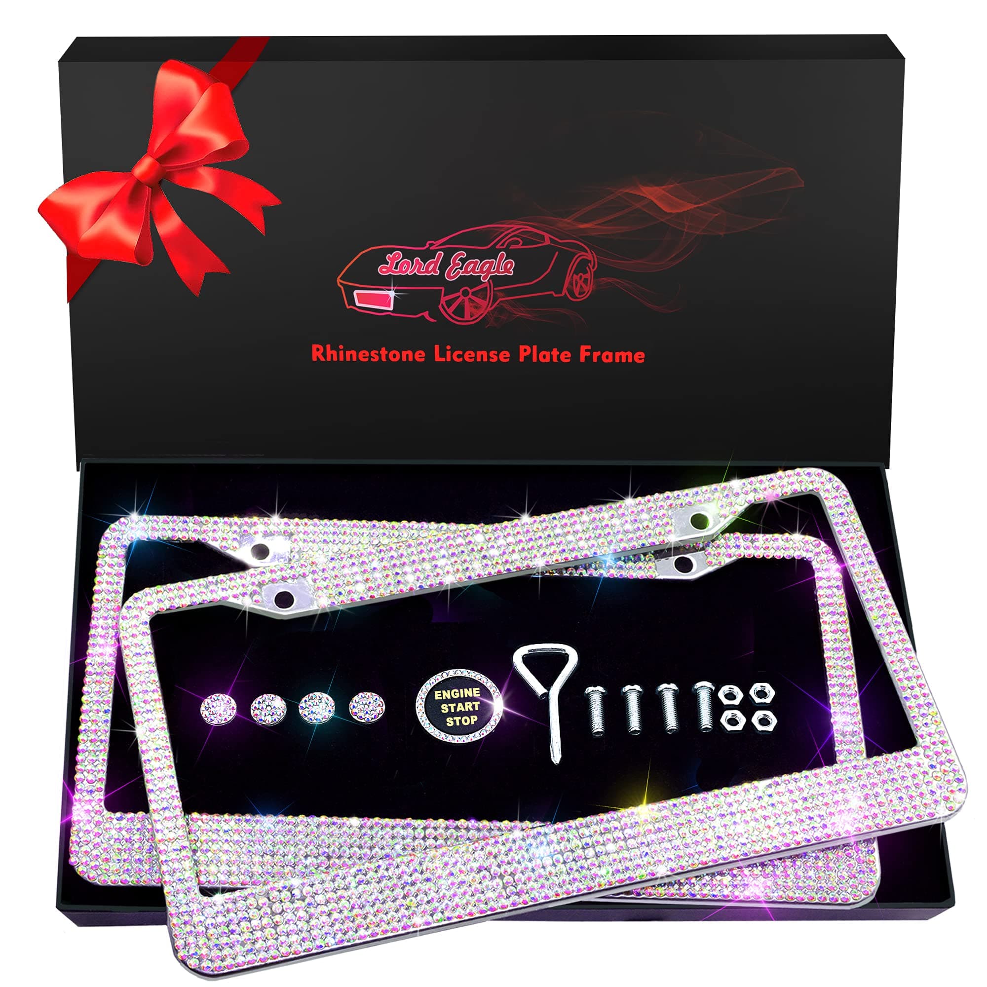 Lord Eagle License Plate Frames with GiftBox and 7 Shiny Crystal Rows,Over 1050 pcs 14 Facets SS16 Finest Handcrafted Luxury (AB Colorful Rhinestones)2 Pack