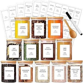 12 Pcs Glass Spice Jars with Bamboo Airtight Lids and 191 Labels