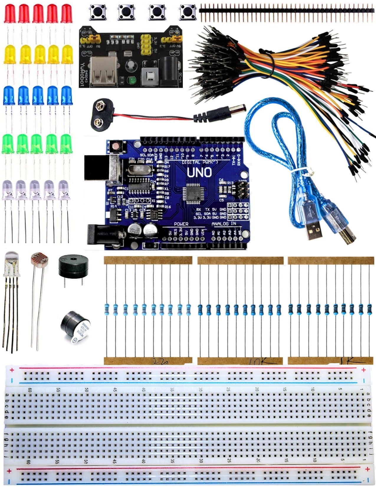 Kits for Kids Includes UNO R3 for Arduino with USB cable – Full Circuit Starter kit with Breadboard, Breadboard Power Supply, Resistors, LED's, and 9V Battery Cable