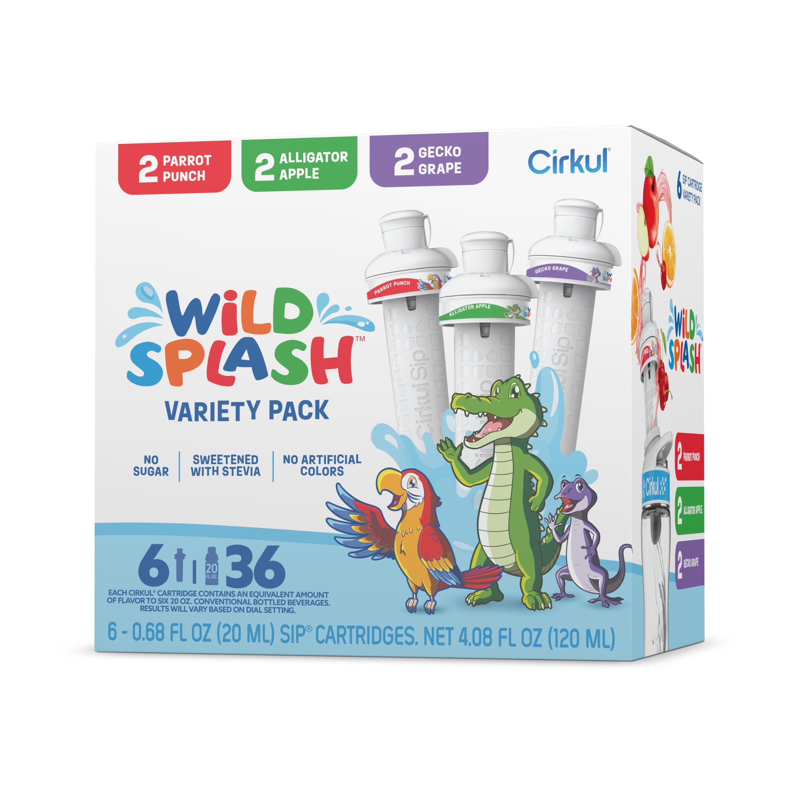 Wild Splash Stevia Flavor Water Variety Pack, Makes 36 Drinks, No Sugar, Zero Calorie Drink Mix, (2 Parrot Punch, 2 Alligator Apple, 2 Gecko Grape)