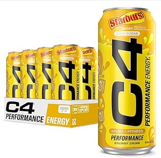C4 Performance Energy Drink | STARBURST Lemon | Zero Sugar Carbonated Preworkout Energy | 200mg Caffeine with Beta Alanine | 16 Fl Oz (12 Pack)
