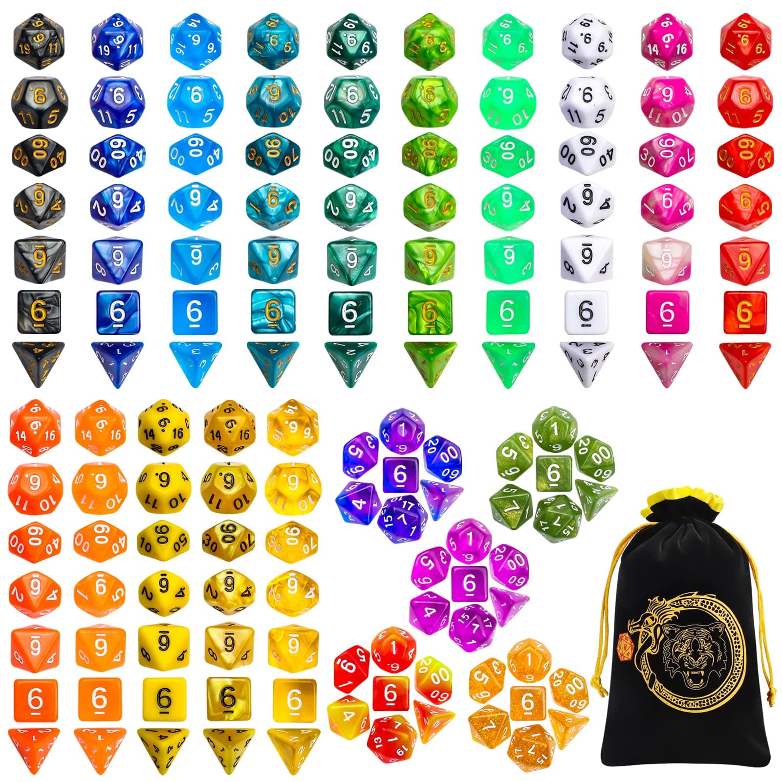 CiaraQ DND Dice Set, 140PCS Polyhedral Game Dice, 20 Set Double Color DND Role Playing Dice with 1 Big Pouch for Dungeon and Dragons DND RPG MTG Table Games Dice D4 D8 D10 D12 D20
