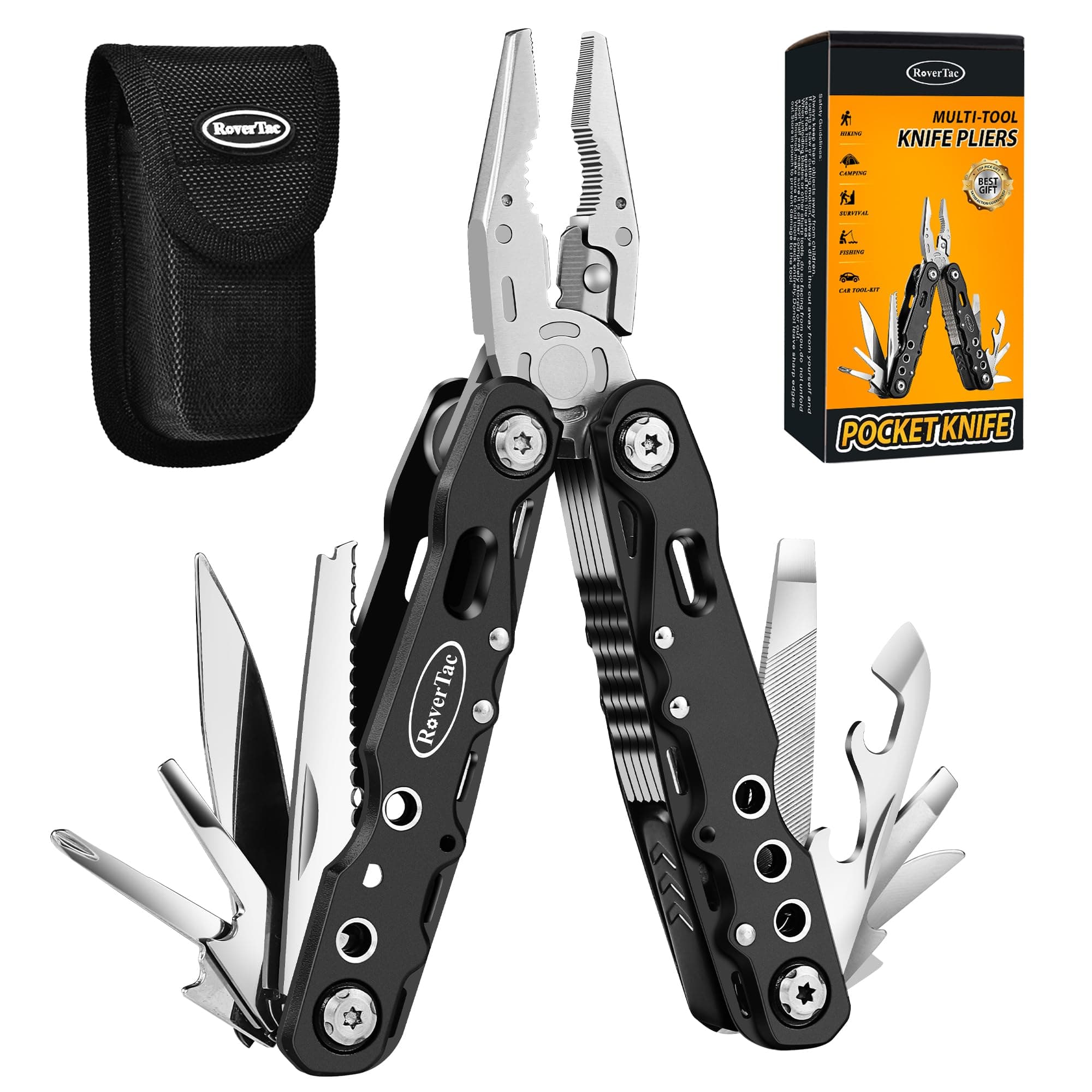 RoverTac Multitool Pliers Pocket Knife, 14 in 1 Multi Tool Knife Pliers Saw Bottle Opener Safety Lock Nylon Sheath, Camping Hiking Gear Multitool for Camping Survival Hiking DIY, Gifts for Men Dad