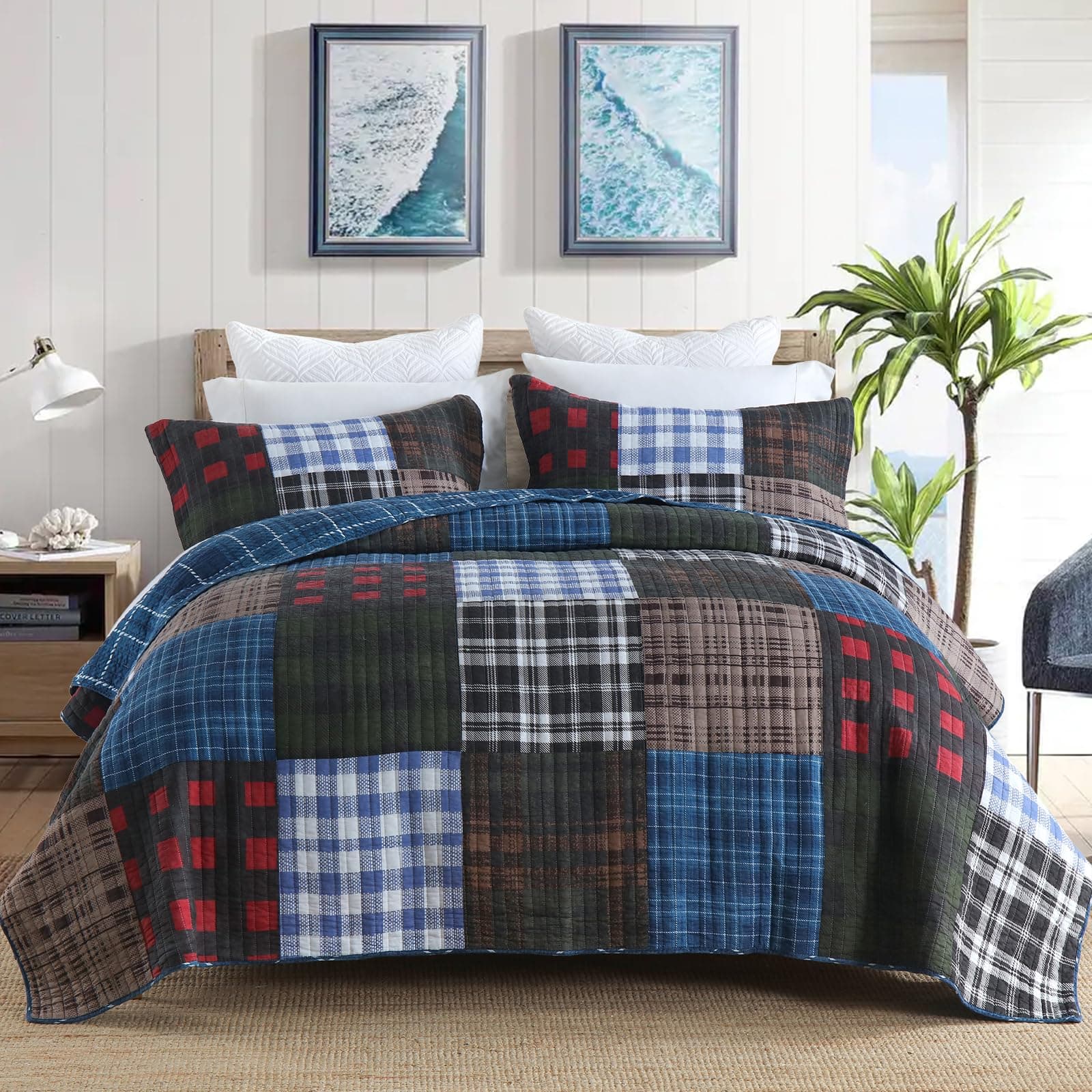 NEWLAKE Quilt Set Queen Size, Cotton Patchwork Blue Black Checkered Patterns Quilt Sets, Reversible Bedspread Lightweight and Breathable for All Seasons, Soft Quilted Bedspread with 2 Pillow Shams