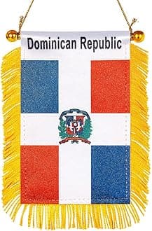 WXTWK 3 X 5 Inch Dominica Flag Dominican Window Hanging Flag Small Mini Car Flags Banners Rearview Mirror Decoration With Suction Cup Golden Fringy Banner