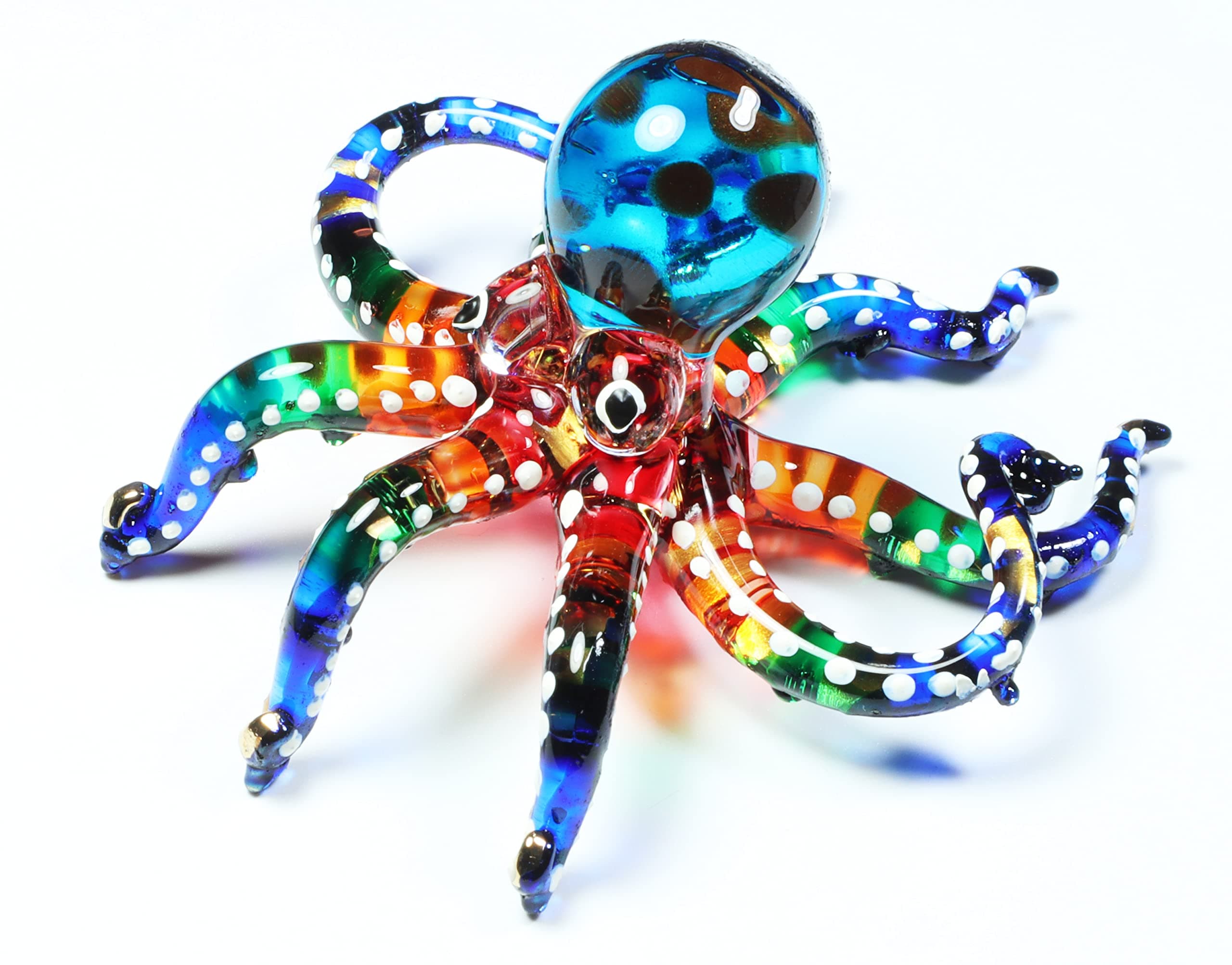 Tiny 3" Long Multicolor White Dotted Octopus Figurine - Miniature Hand Blown Painted Glass Squid Cuttlefish Colorful Mollusk Sea Animals Crystal Decorative Collectible Figurines Décor Gifts