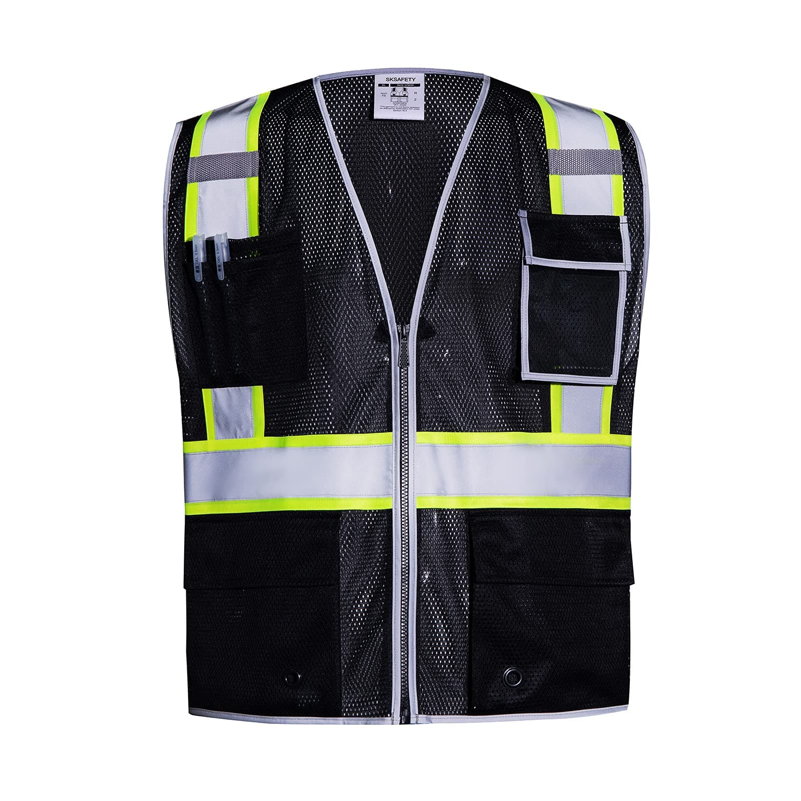 SKSAFETY 10 Pockets Safety Vest, Class 2 High Visibility Security with Zipper Double-sided mesh, Hi Vis Vest with Reflective Strips, ANSI/ISEA Standard, Construction Work Vest （Black, 2XL）