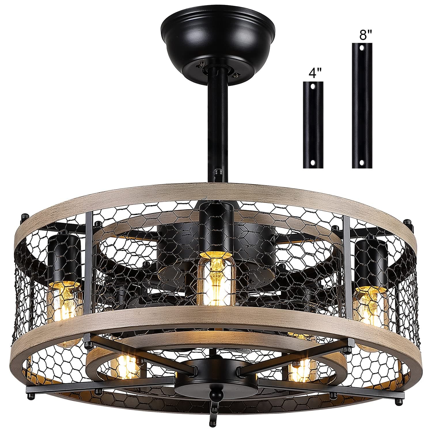 20" Caged Ceiling Fan with Lights Remote Control, Small Farmhouse Black Rustic Bladeless Ceiling Fan for Bedroom Kitchen