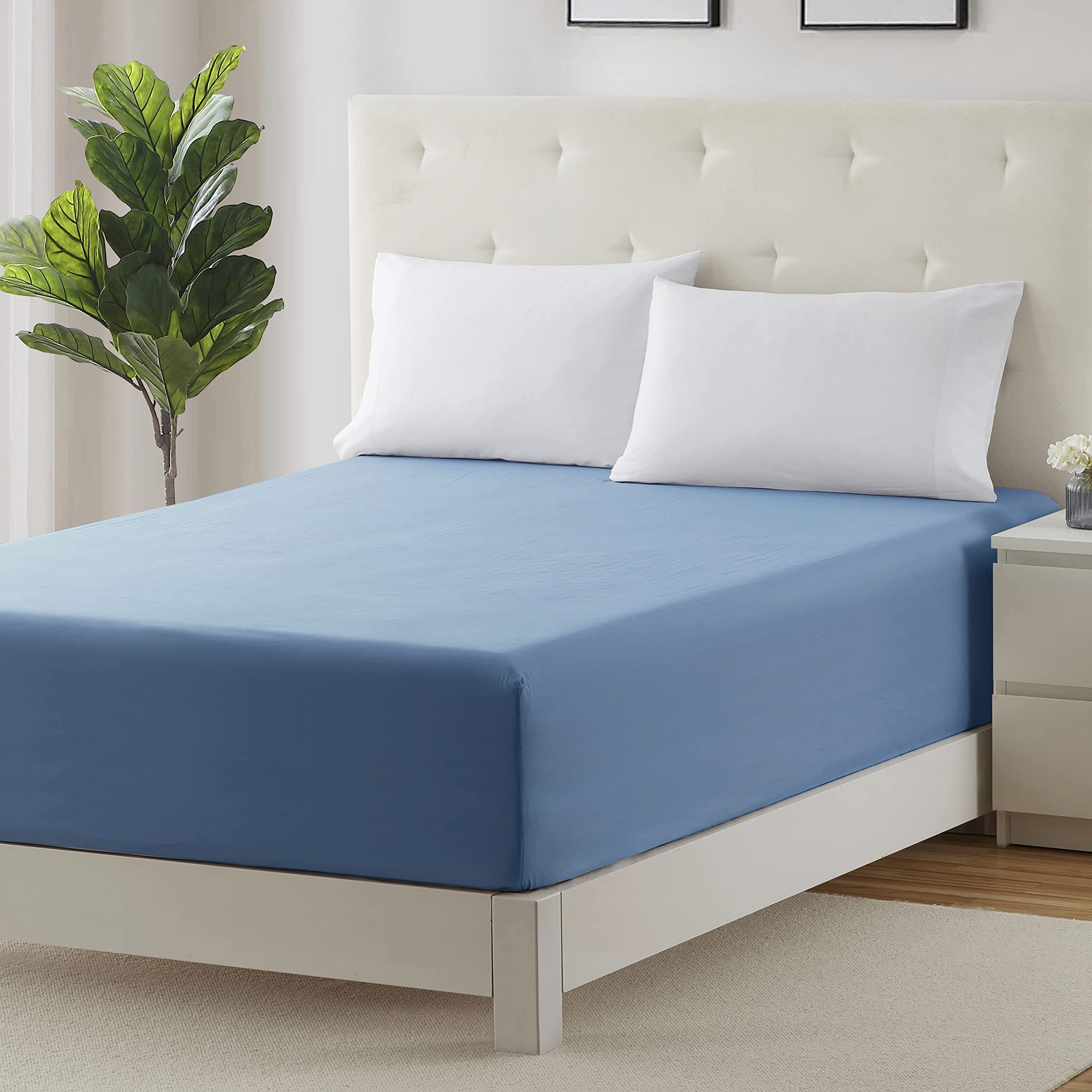 Clara Clark 21 Inch Deep Pocket Fitted Sheet 100% Soft Double Brushed Microfiber, Queen, Blue Heaven