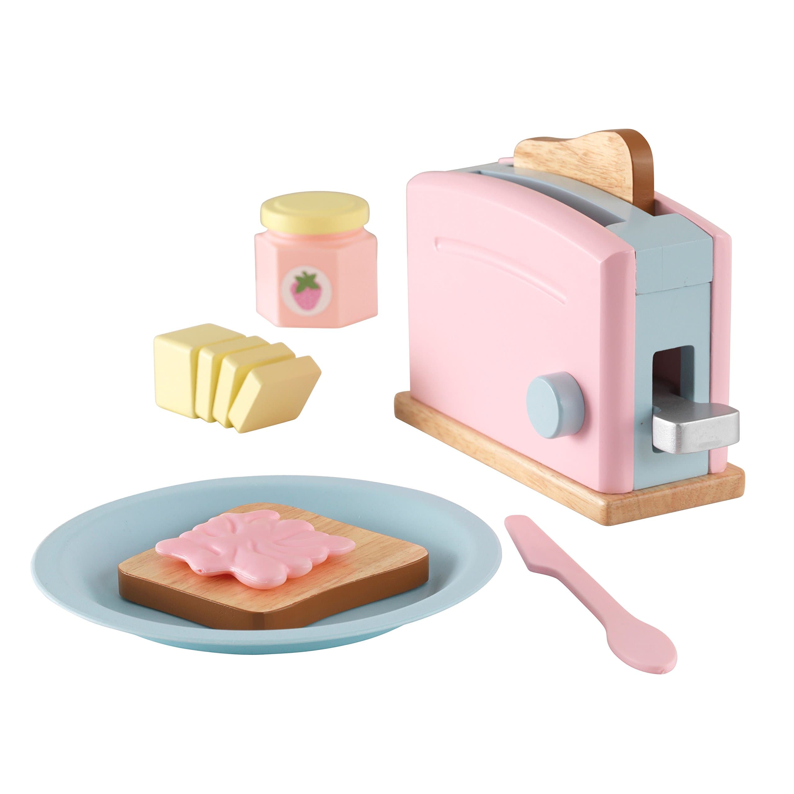 Pastel Toy Toaster with Play Food, Accessory for Kids' Kitchen, Wooden Toy Kitchen Appliance Set for Kids, Play Kitchen Accessories, Kids' Toys, 63374