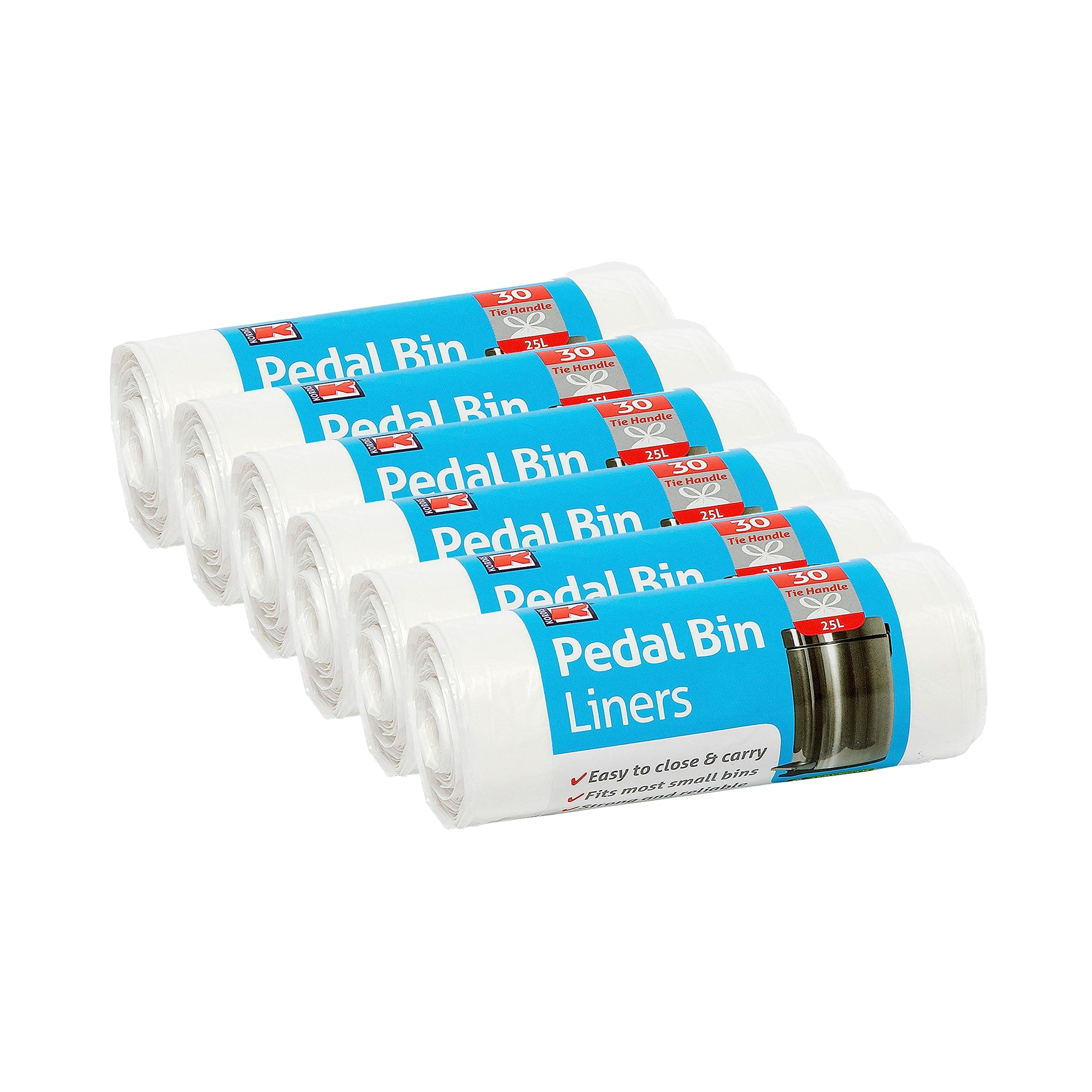 Kordis Strong Tie Handle Pedal Bin Liners - 6 x 30 Bags. 25L White Plastic Bin Bag Liners For Bedroom, Bathroom, Office, Mini Trash Can & Small Bins. 180 Unscented Garbage Bags (53 x 70cm)