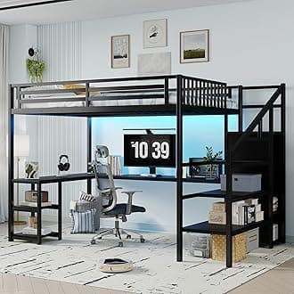 Queen Size Loft Bed with Desk and Stairs, Gaming Loft Bed with RGB LED Light and Storage, Heavy-Duty Metal Loft Beds Frame with Wardrobe, Shelves and Charging Station for Adults Kids Teens, Black