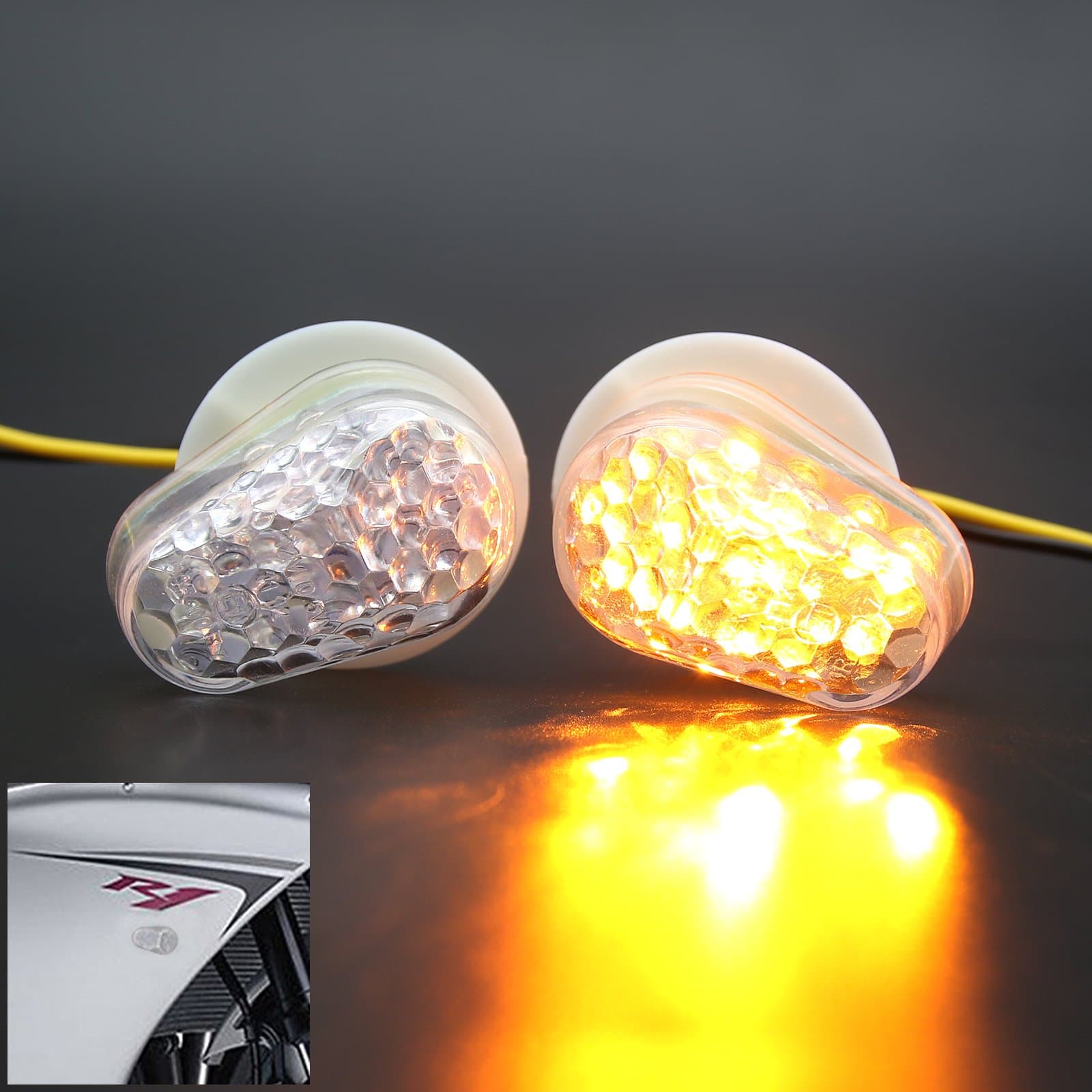 1 Pair Universal Motorcycle LED Flush Mount Turn Signal Light Indicator for Yamaha KLX250 YZ125 KX85 XG250 YZF-R1 YZF-R3 YZF-R6 YZF-R25 SR400 Sport Street Racing Bike (Clear)