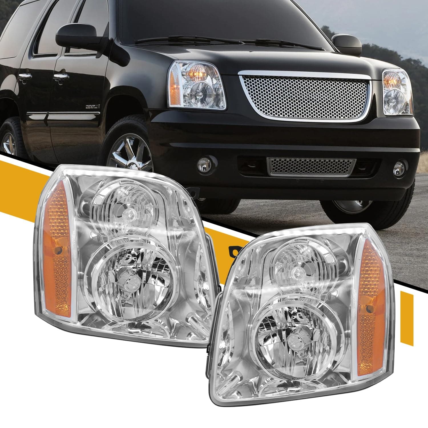 CLERYYE Headlight Pair Assembly Compatible with 2007-2014 GMC Yukon/Yukon XL 1500 2500 [Denali Style], OE-Style Head Lamp Replaces OE#15861026 15861025, Chrome+Amber, Left and Right Side