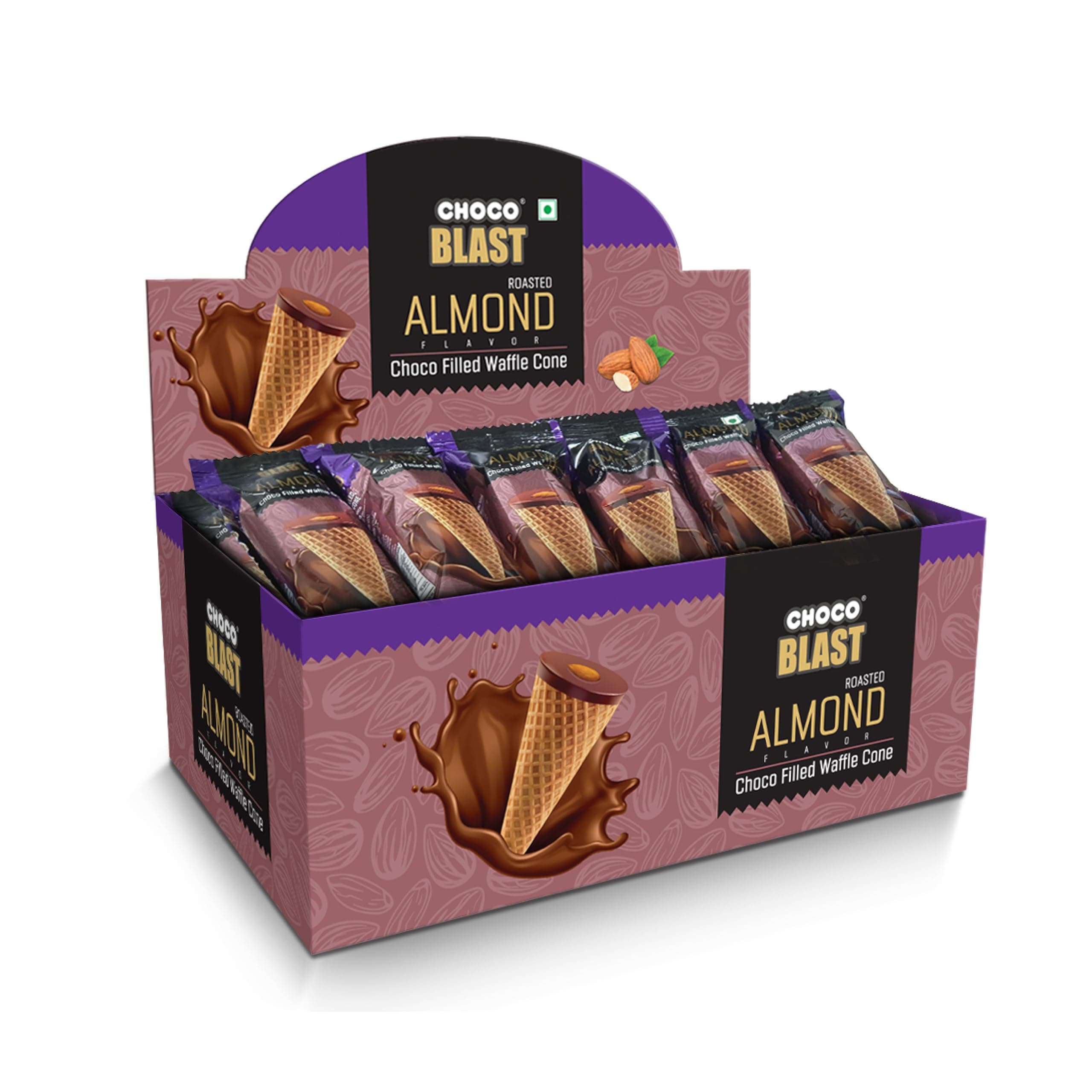 Chocoblast Choco-Filled Waffle Cones [20 Pc] Snacks for Kids & Adults- Non-Meltable Gift Pack - Individually Wrapped Chocolate Cone Bites- Roasted Almond