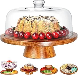 Homeries Acacia Wood Cake Stand with Lid, Cake Plate, (6 in 1) Multi-Functional Serving Platter, Large Cake Stand with Dome, Cake display stand with lid & Cake Dome - Use as Cake Holder, Cake Cover