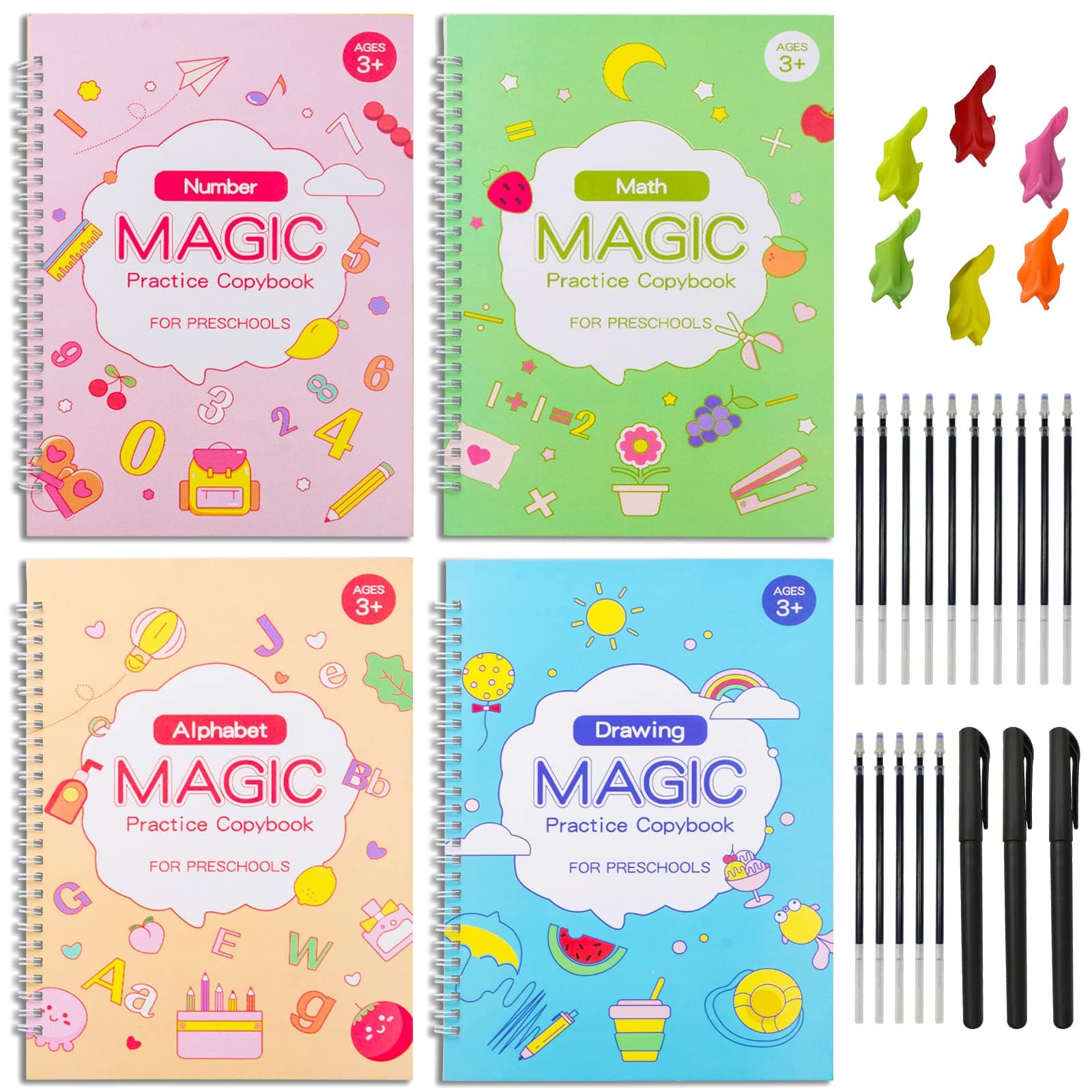YAMMI Reusable Large Handwriting Practice, 4 Pack Magic Practice Copybook, Learning Handwriting Tools Kit, Writing Books ​with Pen Refills (10.3in×7.3in)