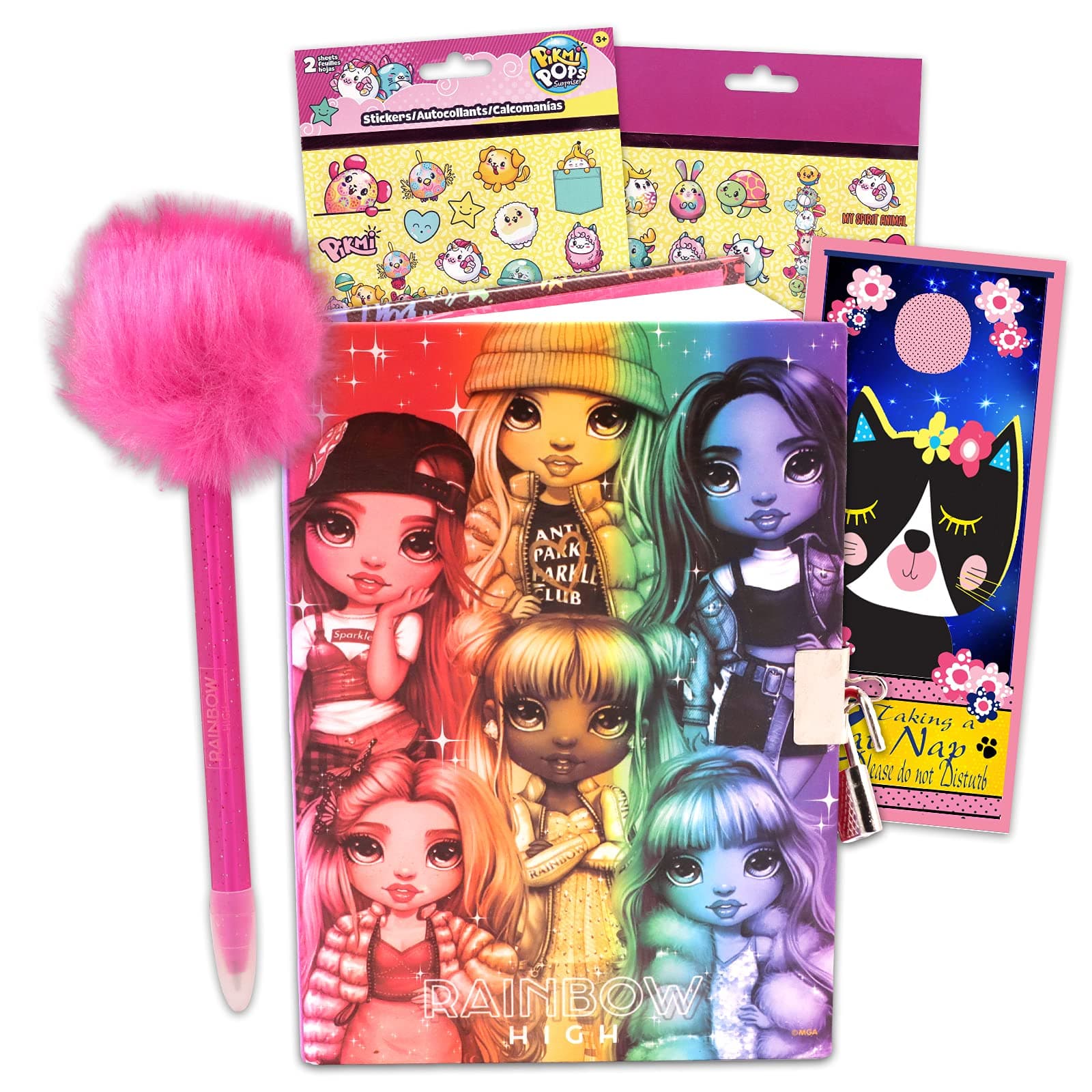 Rainbow Studios Rainbow High Diary and Pen Set ~ 3 Pc Bundle with 60-Sheet Journal Real Padlock Pen, Stickers, Door Hanger (Rainbow for Girls)