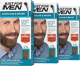 Just For Men Mustache & Beard, Beard Dye for Men with Brush Included for Easy Application, With Biotin Aloe and Coconut Oil for Healthy Facial Hair - Light-Medium Brown, M-30, Pack of 3