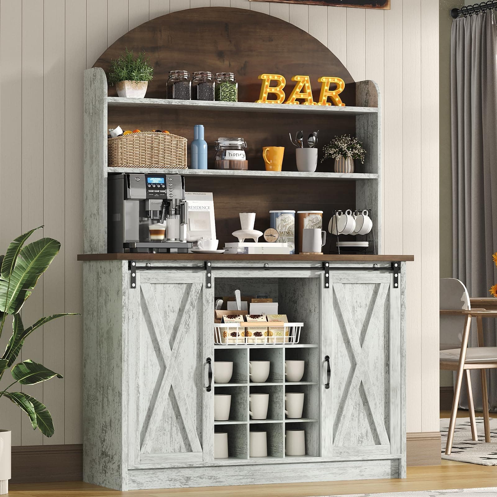 4 EVER WINNER 67" Farmhouse Coffee Bar Cabinet with Hutch, 47" Wide Sideboard Buffet with Sliding Barn Doors & 9 Wine Rack, 3-Tier Tall Kitchen Storage Cabinet for Liquor, Mugs & Coffee Makers, Grey