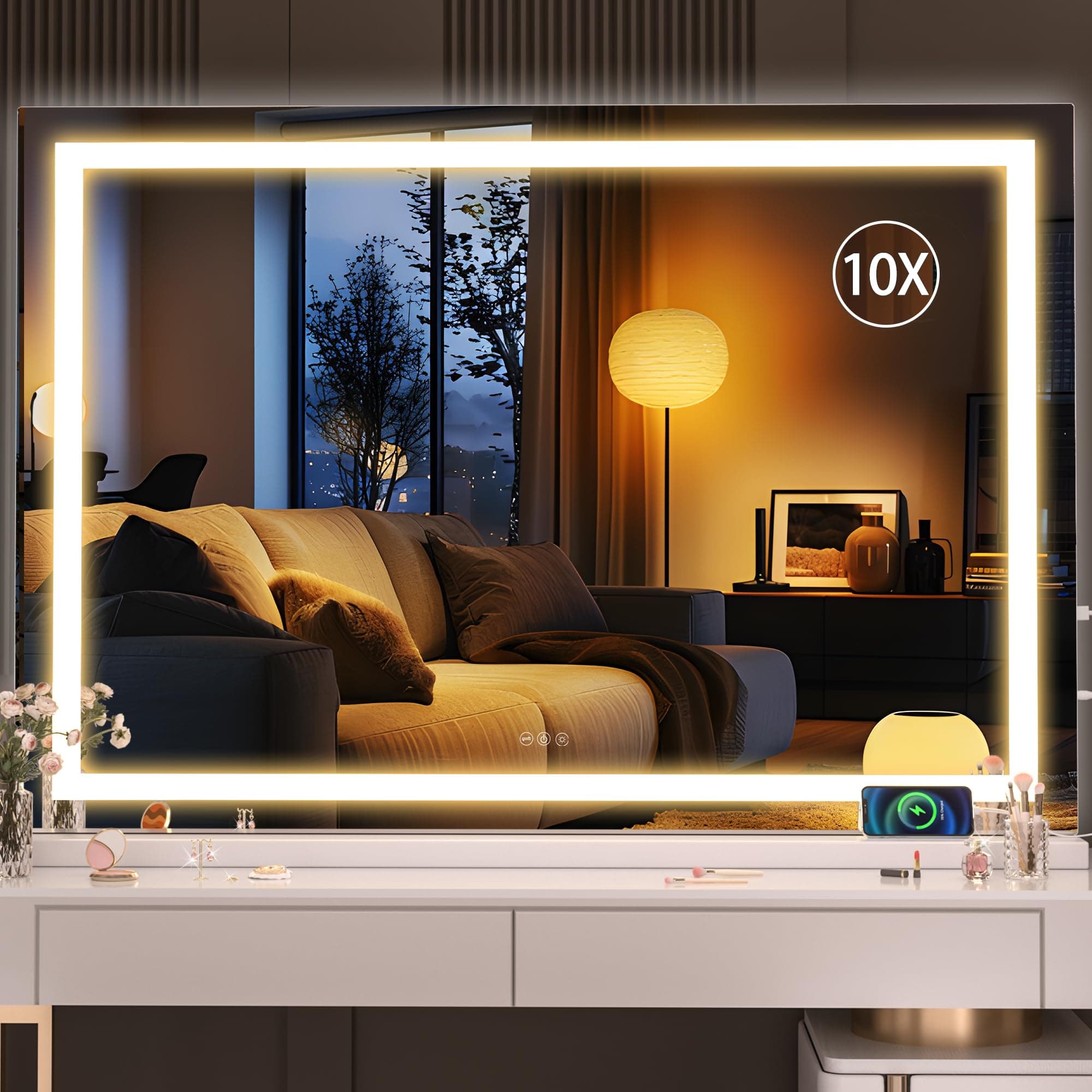 Vanity Mirror with Lights, 47" x 30" LED Makeup Mirror, Lighted Makeup Mirror with Dimmable 3 Modes, Touch Screen Control Vanity Mirror Square White