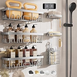 Shower Caddy 6-Pack, Family Choice Award Winner, Large Wall Mounted Shower Rack, Bathroom Shelves Over Toilet, Organizer Storage Accessories with Soap Dish & Toothbrush Holder, Silver
