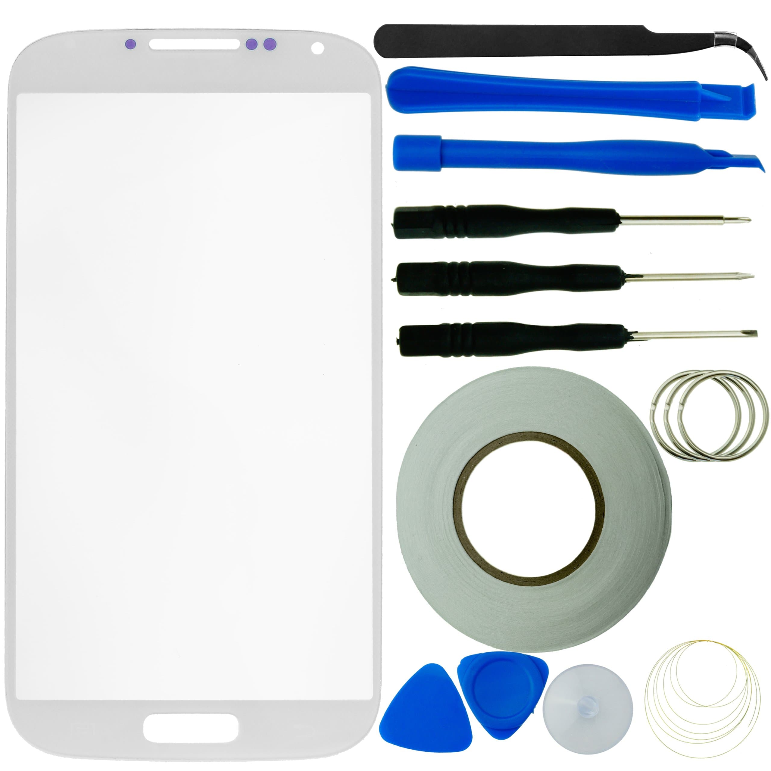 Samsung Galaxy S4 Screen Replacement Kit including: Replacement Screen Glass for Samsung Galaxy S4 i9500 / Pair of Tweezers/Roll of 2mm Adhesive Tape/Tool Kit/Microfiber Cleaning Cloth (White)