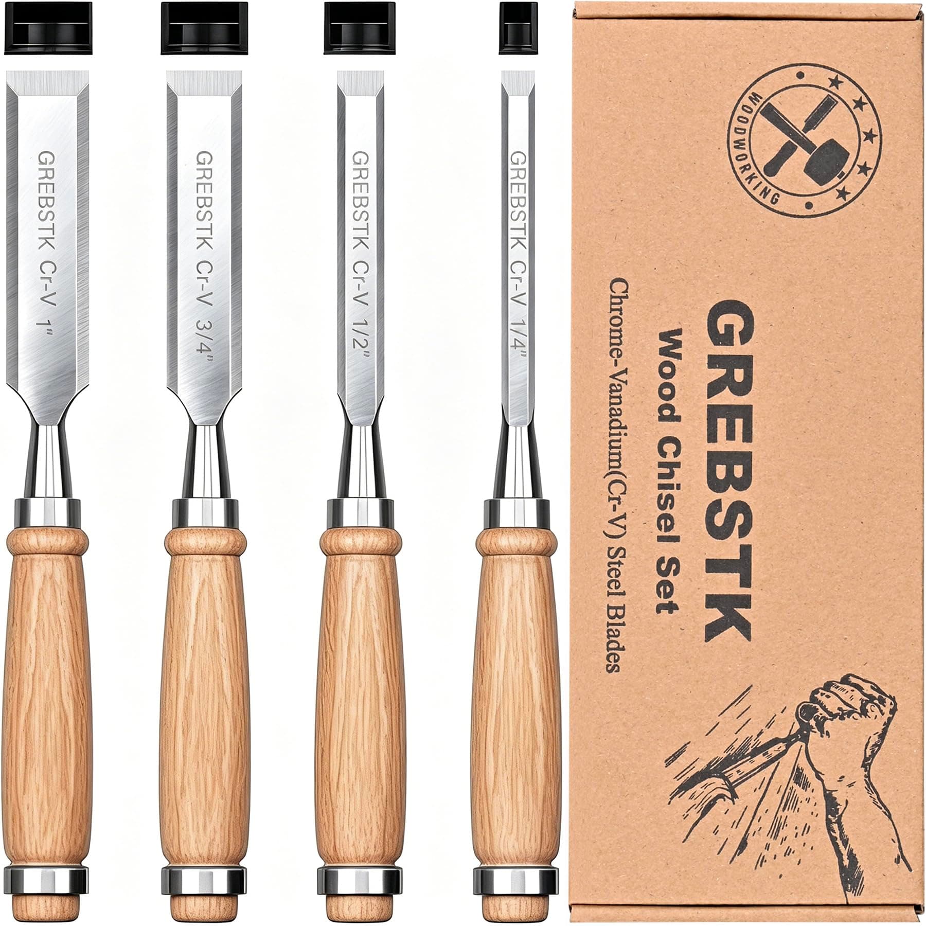 GREBSTK 4-Piece Ultra-Sharp Wood Chisel Set, CR-V Steel Beveled Blades with Guards, Comfortable & Durable Handle, for Carving, DIY & Woodworking (1/4", 1/2", 3/4", 1")
