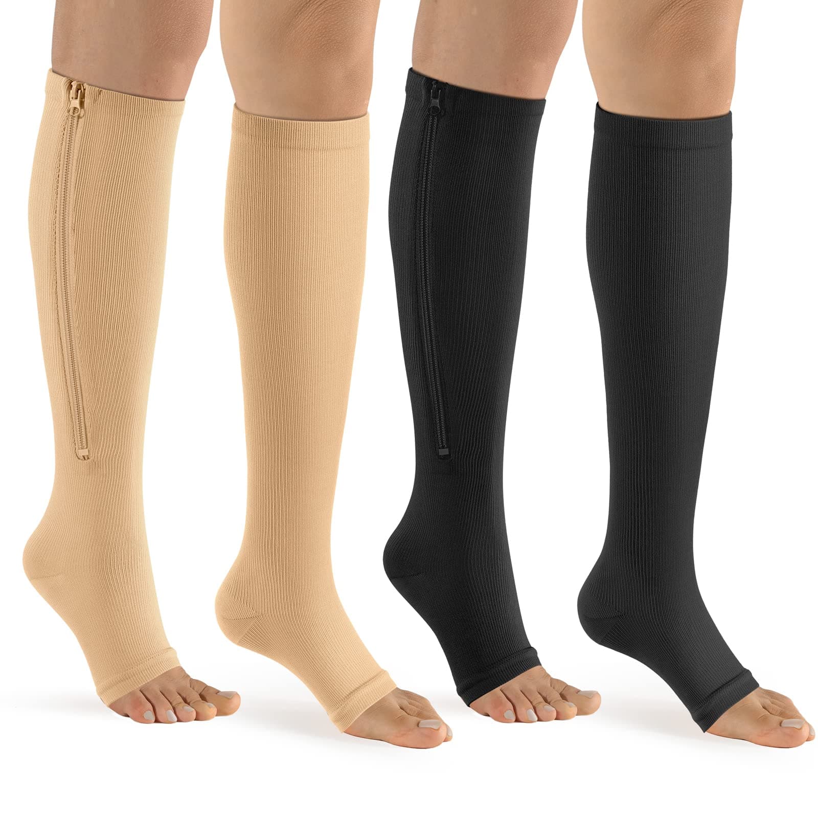 Zipper Compression Socks - 2Pairs Calf Knee High Stocking-Open Toe Compression Socks for Walking，Runnng，Hiking and Sports Use (C- Black/Nude, S/M)