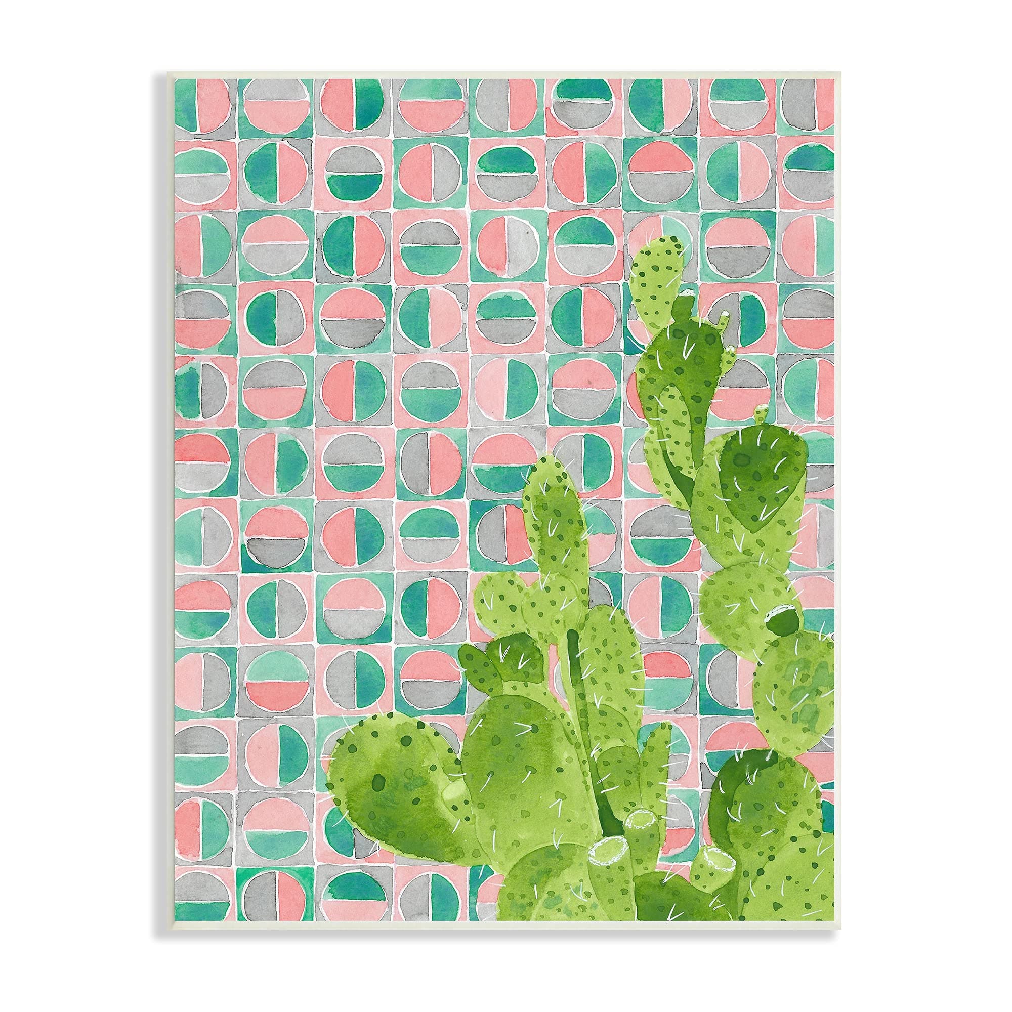 Stupell Industries Prickly Pear Desert Cactus Over Geometric Pink Pattern, Designed by Jen Bucheli Wall Plaque, 10 x 15, Green