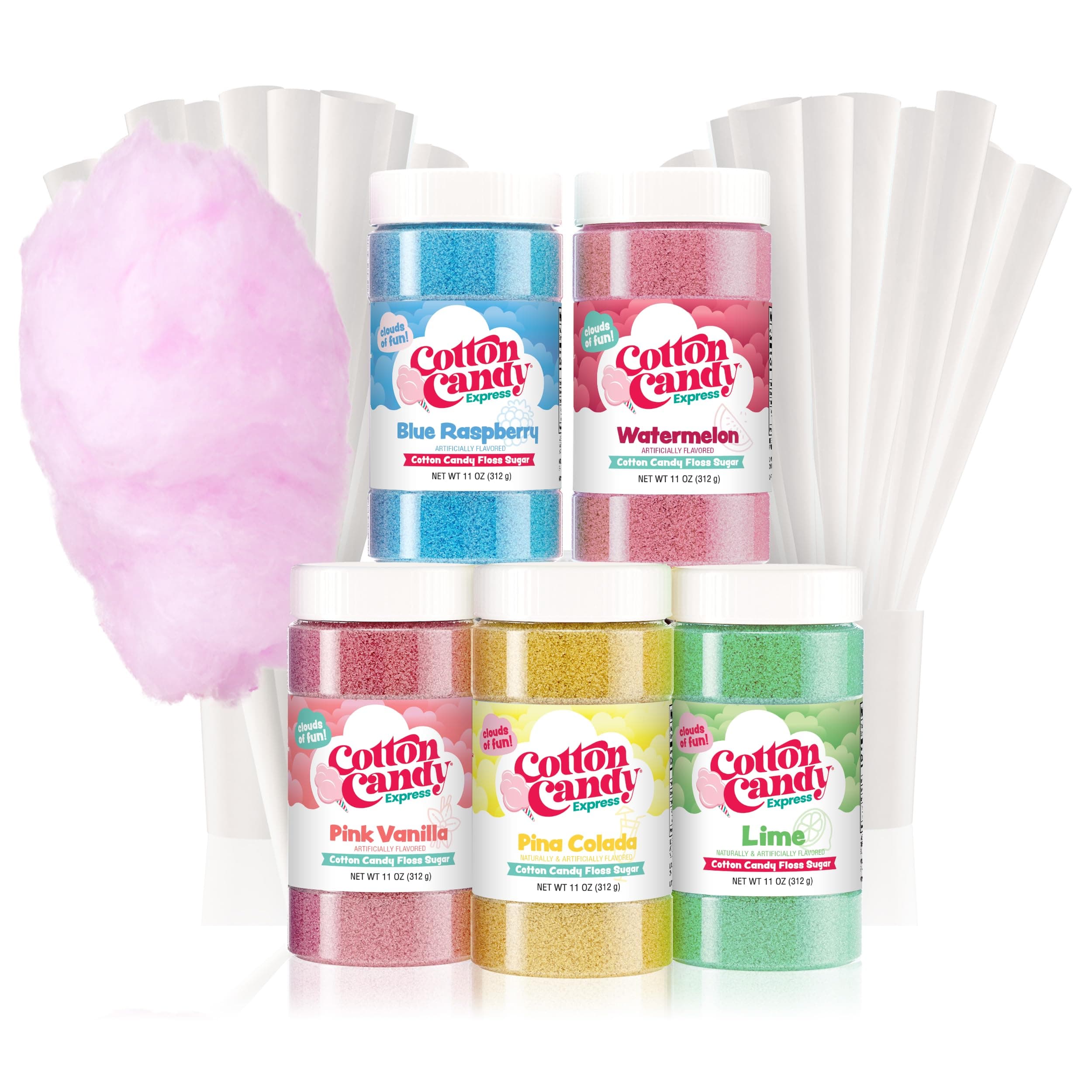 Cotton Candy Express Floss Sugar Variety Pack with 5 - 11oz Plastic Jars of Lime, Watermelon, Pina Colada, Blue Raspberry, Pink Vanilla Flossing Sugars Plus 50 Paper Cotton Candy Cones