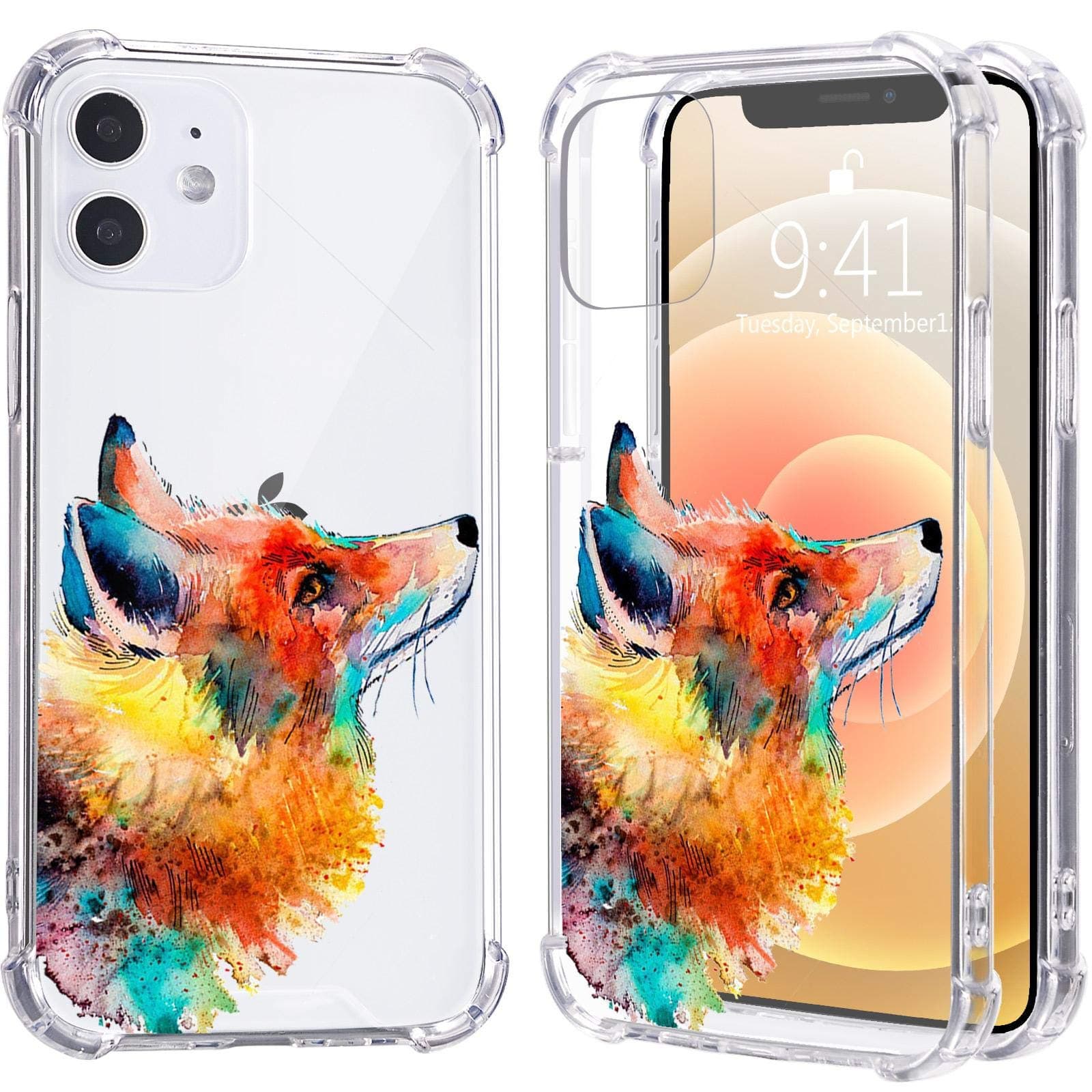 LuGeKe Red Fox Print Case for iPhone 7 Plus/8 Plus,Watercolor Painting Soft TPU Flexible Full-Body Airbag Shockproof Case Cover for Women Men,Transparent Anti-Scratch Bumper Protection Phone Case