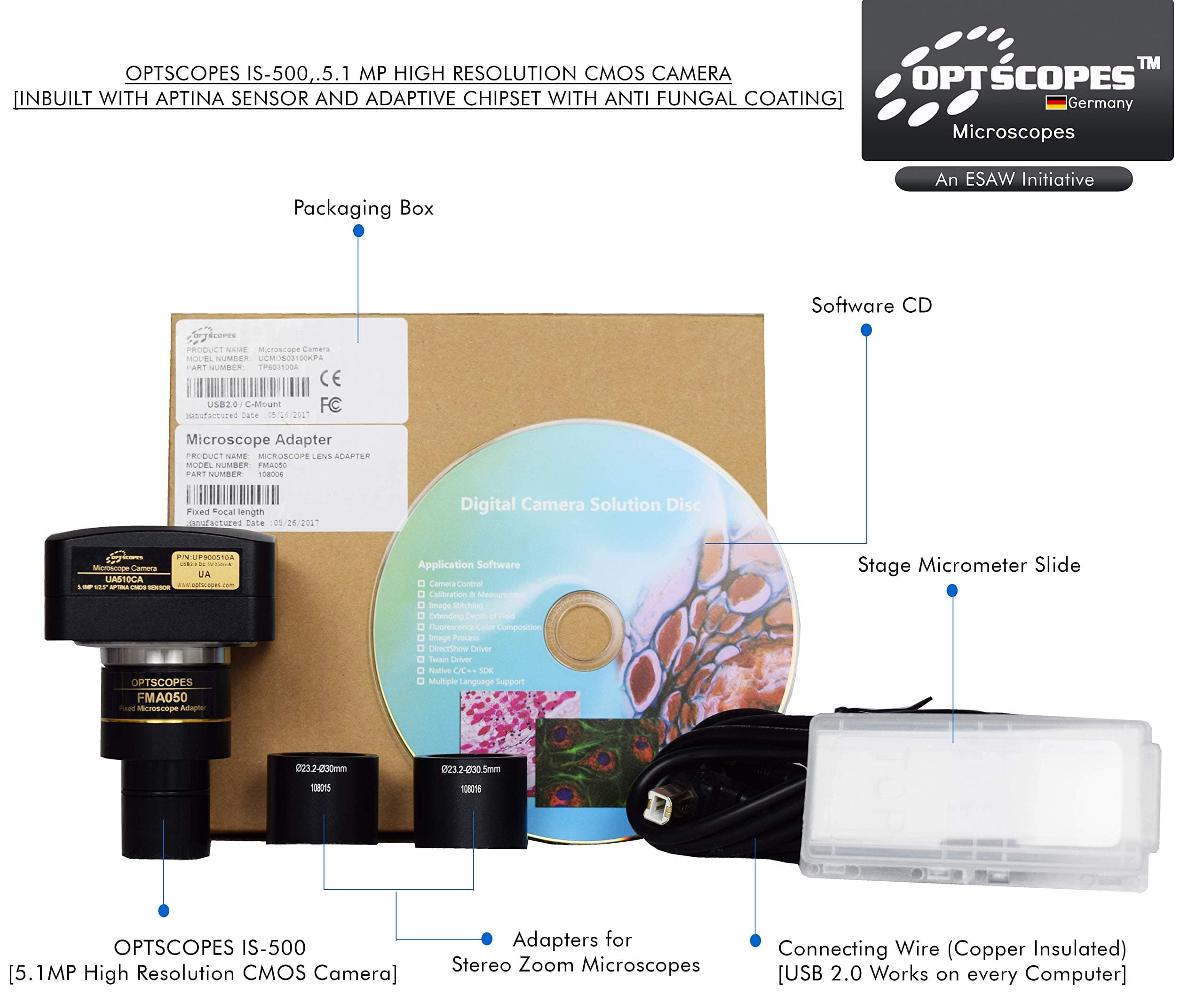 Optscopes 5.1MP [IS 500] Digital Imager USB Camera for Live Image Capturing and Editing with Live Measurement Software (Compatible with Windows XP/Vista/7/8/9/10)
