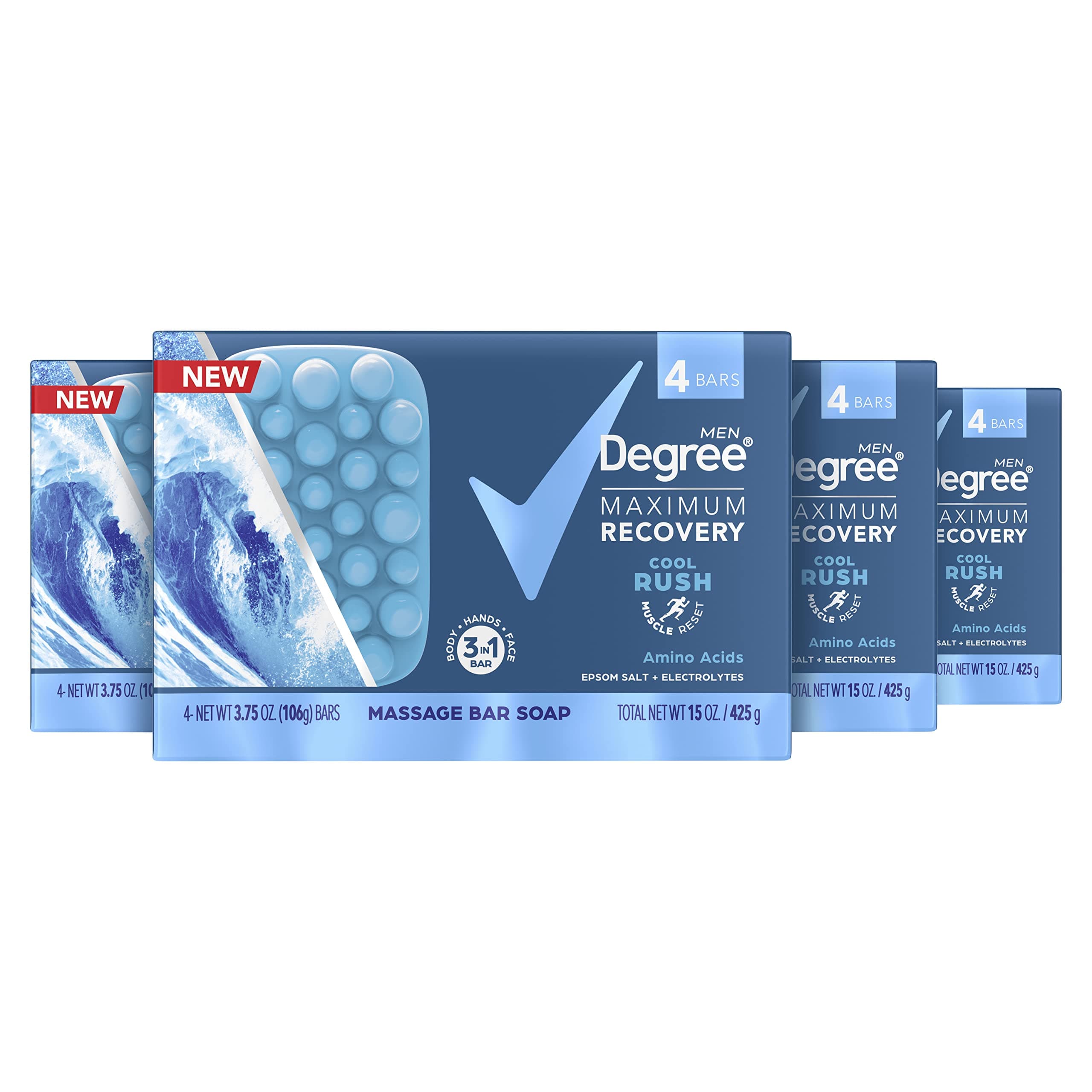 Degree Massage Bar Soap For Post-Workout Skincare Routine Cool Rush + Epsom Salt + Electrolytes Soap Bar With Massaging Nubs to Relieve Tension 3.75 oz 16 Count