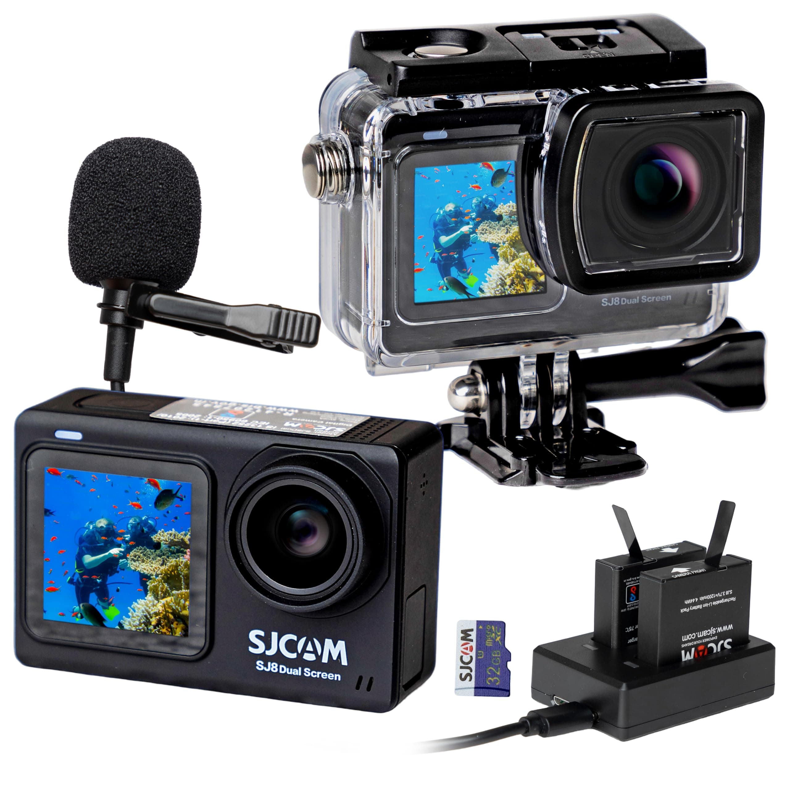 - SJ8 Dual Screen 4k 20MP Action Camera Kit | 2.33" Dual Touch Screen, 140° Wide-Angle | 30M Underwater, Super Night Vision with Mic, 3X 1200 mAh Batteries, Charger, 32GB SD Card