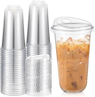 50 Sets Clear Plastic Coffee Cups with Sip Lids, Disposable Plastic PET Crystal Cups for Iced Coffee, Smoothie, Cold Beverage, Drink Shops and Party Catering(Clear,18 oz)