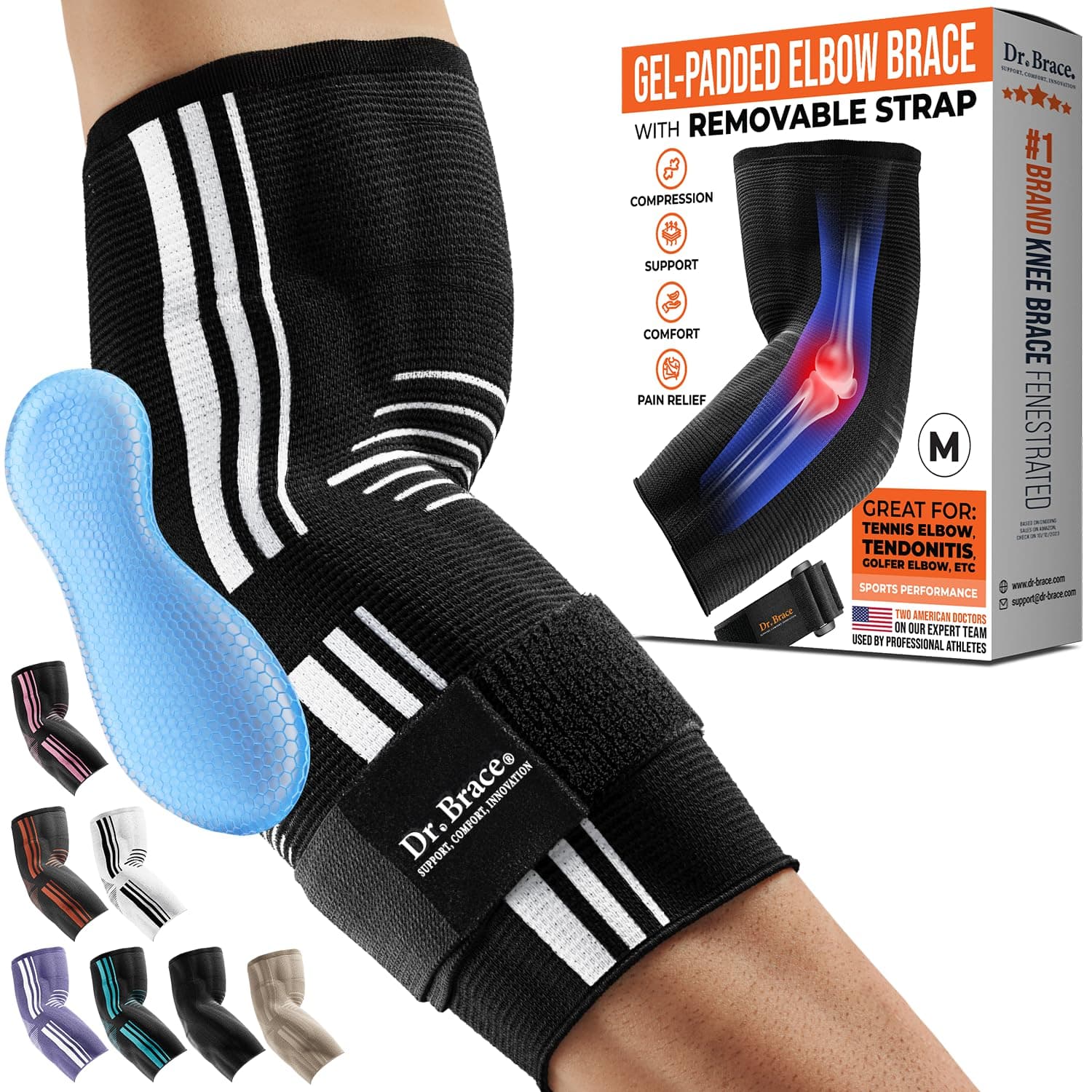 DR. BRACE® Elite Elbow Brace Support, Breathable Elbow Compression Sleeve with Gel Pad for Golfer's, Tennis Elbow & Tendonitis Treatment & Pain Relief 2024 (A Black-White, Medium)