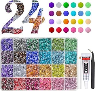 12600Pcs 24 Color 4mm Crystal Resin Rhinestones w B7000 Jewelry Glue for Bedazzling Crafting Flatback SS16 Colorful Rainbow Stones Gems Diamonds Crystals for Nails Face Makeup Tumblers Crafts