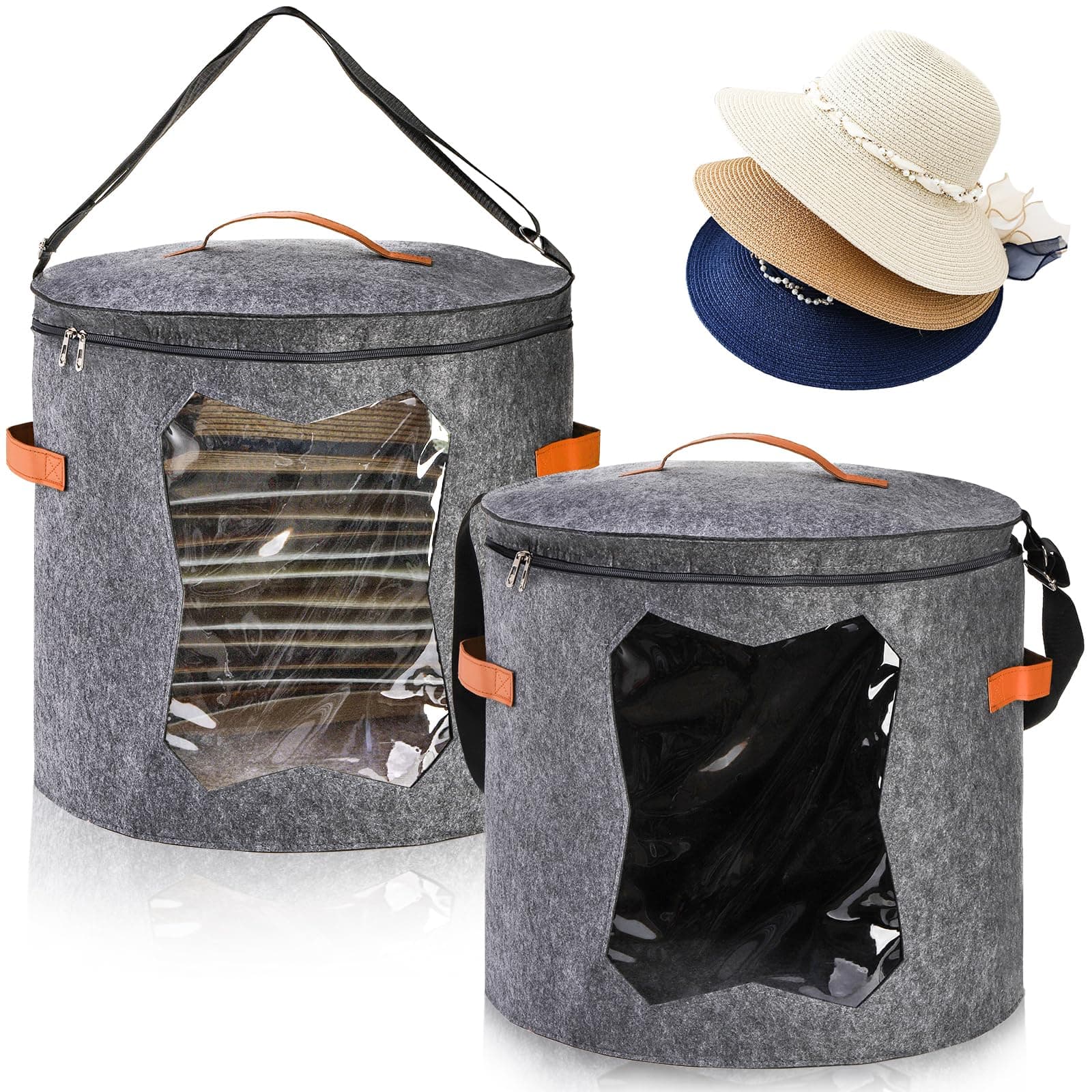Yopay 2 Pack Hat Storage Boxes for Women, Oversized Round Travel Hat Container with Dust Proof Lid Window, Foldable Stuffed Toys Clothes Brim Hats Storage Organizer Bag Bin, Adjustable Shoulder Strap