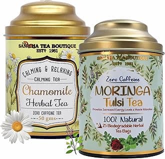 Sancha Tea Boutique, Chamomile (50g) & Moringa Tulsi (25 Pyramid Bags), Caffeine-Free Herbal Tisanes, Calming & Relaxing Combo Pack