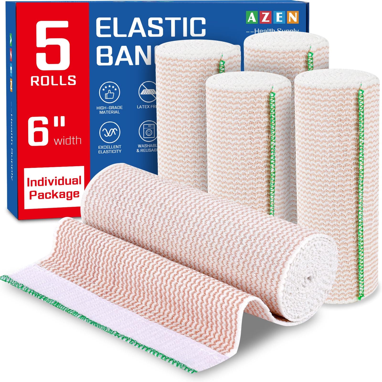 AZEN Premium 5 Pack Elastic Bandage Wrap 6 Inch, Compression Wrap Bandage for Legs, Ankle, Knee, Tummy, Body, Latex-Free, Lymphedema Wraps for Legs