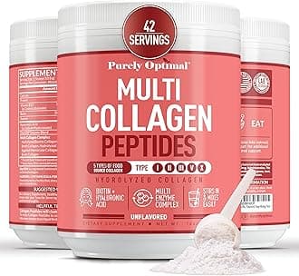 Purely Optimal Collagen Peptides Powder - 5 Types Hydrolyzed Collagen Peptides with Biotin, B12, & Hyaluronic Acid for Hair, Skin, Nails, Bones & Joints - Unflavored, Easy Mixing, 16oz, 42 Servings