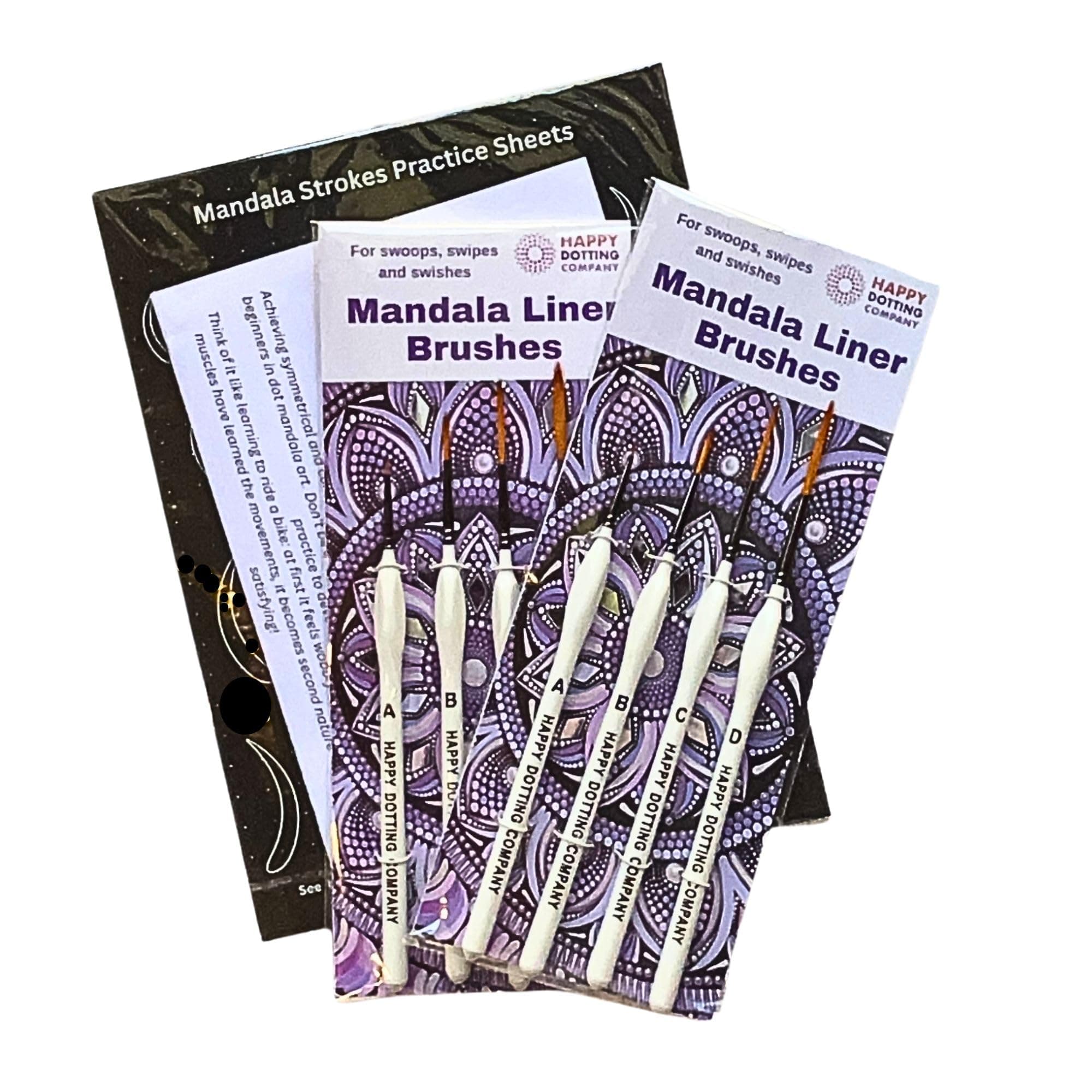 Mandala Liner Brushes for dot Mandala Art - 4 pc Liner Paint Brush Set x 2 - Happy Dotting Company - Perfect for swipes and swooshes - Plus Practise Sheets with Instructions